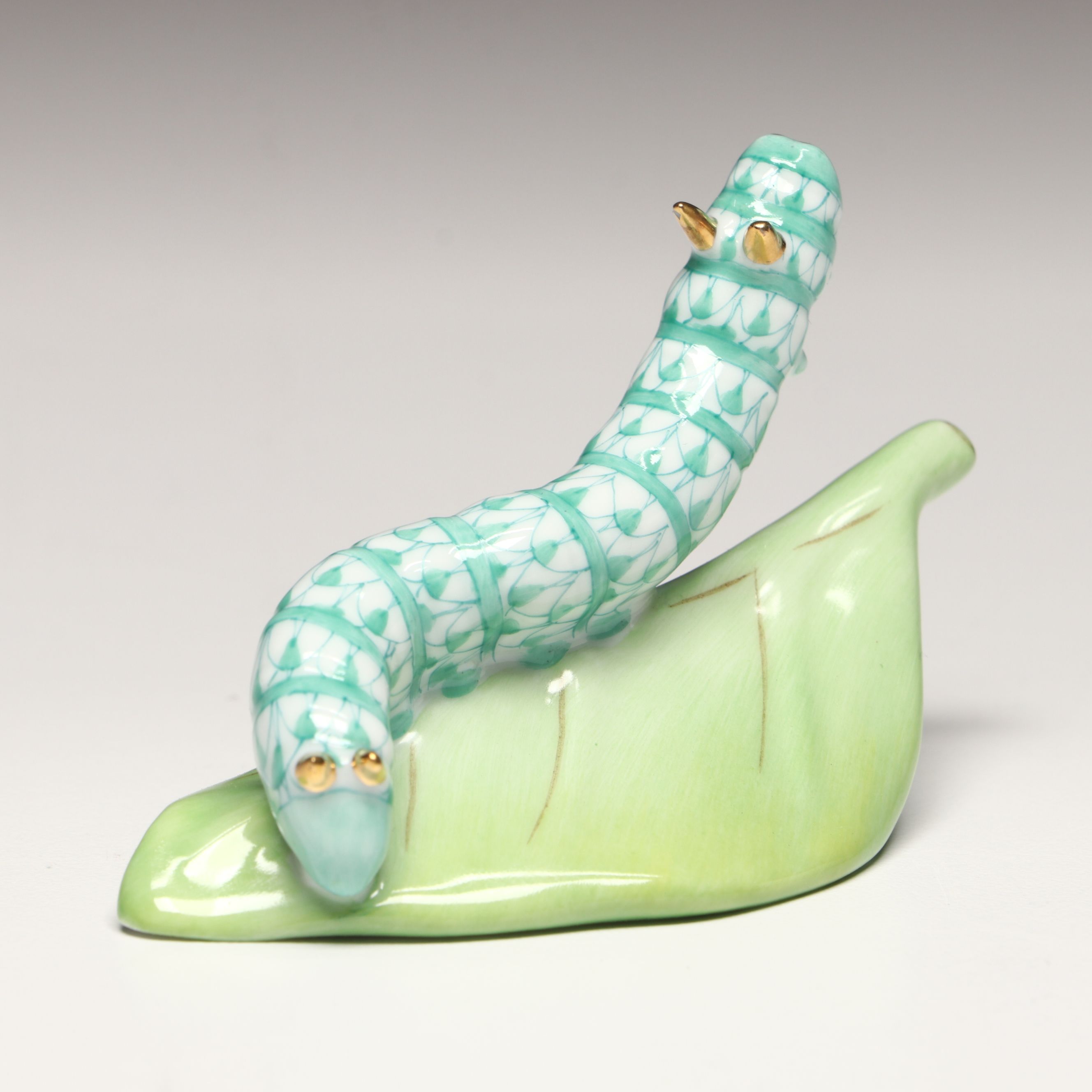 Herend Green Fishnet with Gold "Caterpillar" Porcelain Figurine