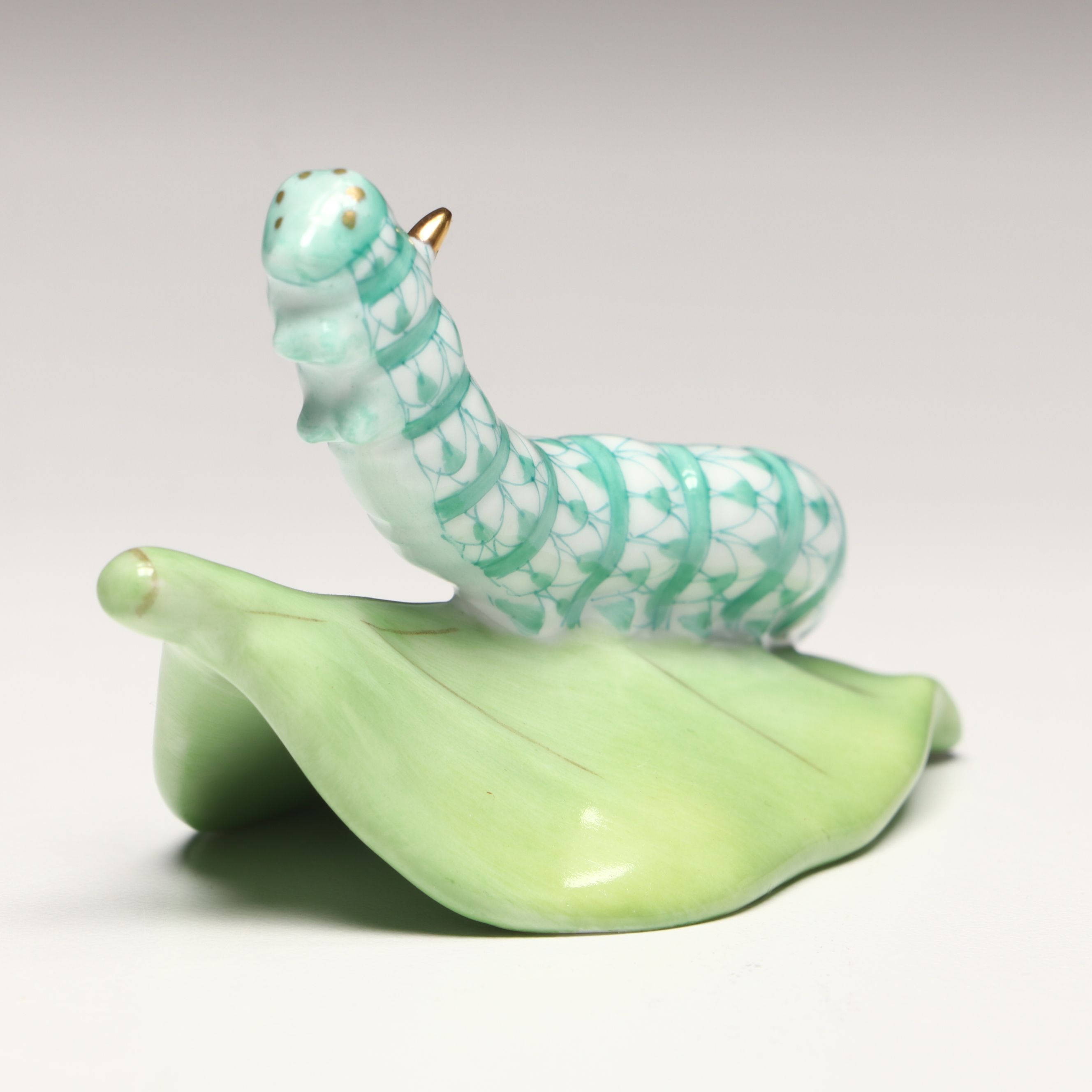 Herend Green Fishnet with Gold "Caterpillar" Porcelain Figurine