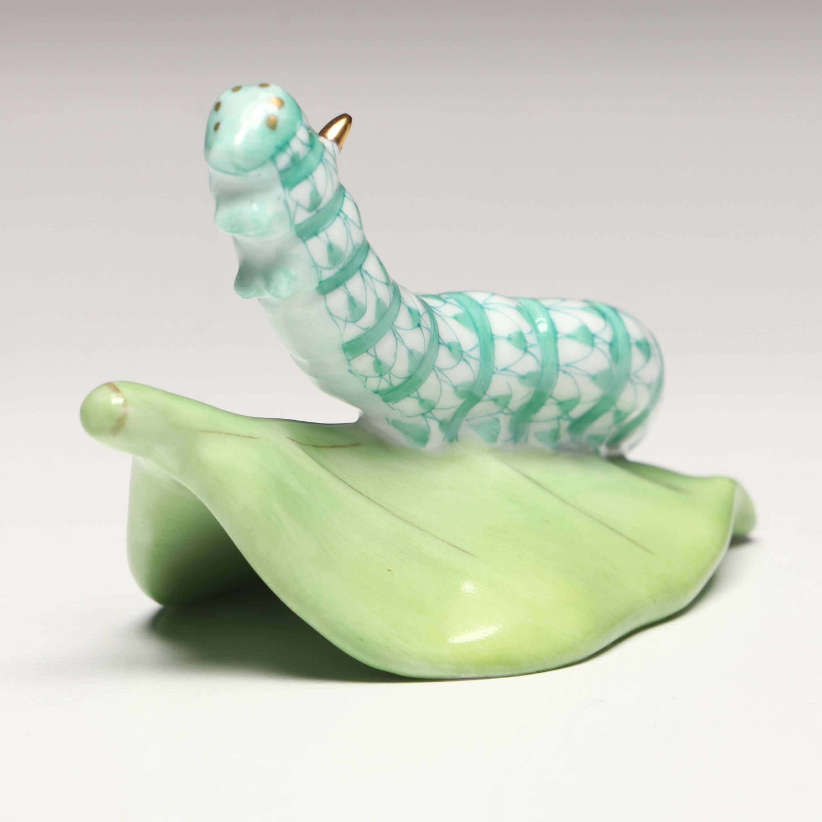 Herend Green Fishnet with Gold "Caterpillar" Porcelain Figurine