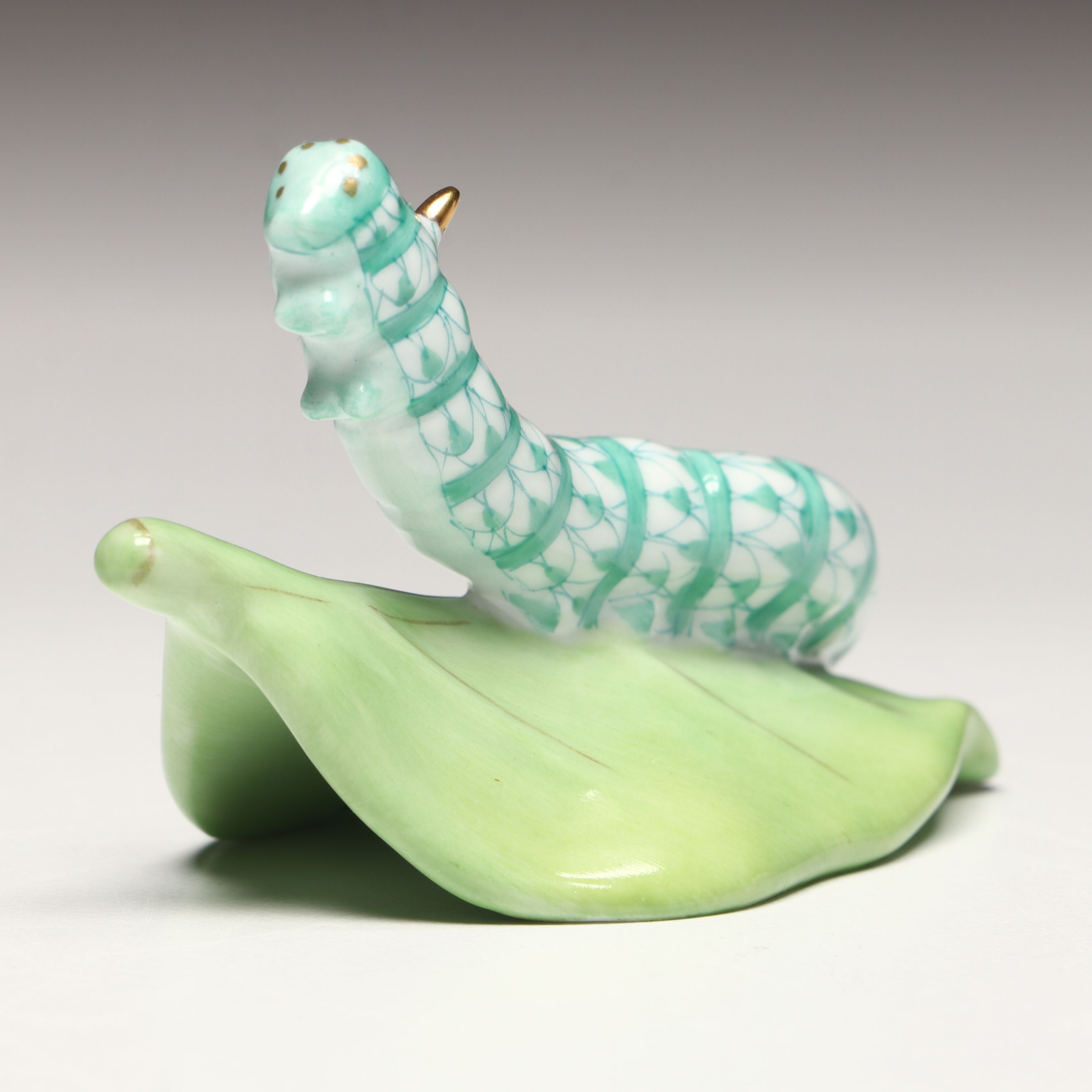 Herend Green Fishnet with Gold "Caterpillar" Porcelain Figurine