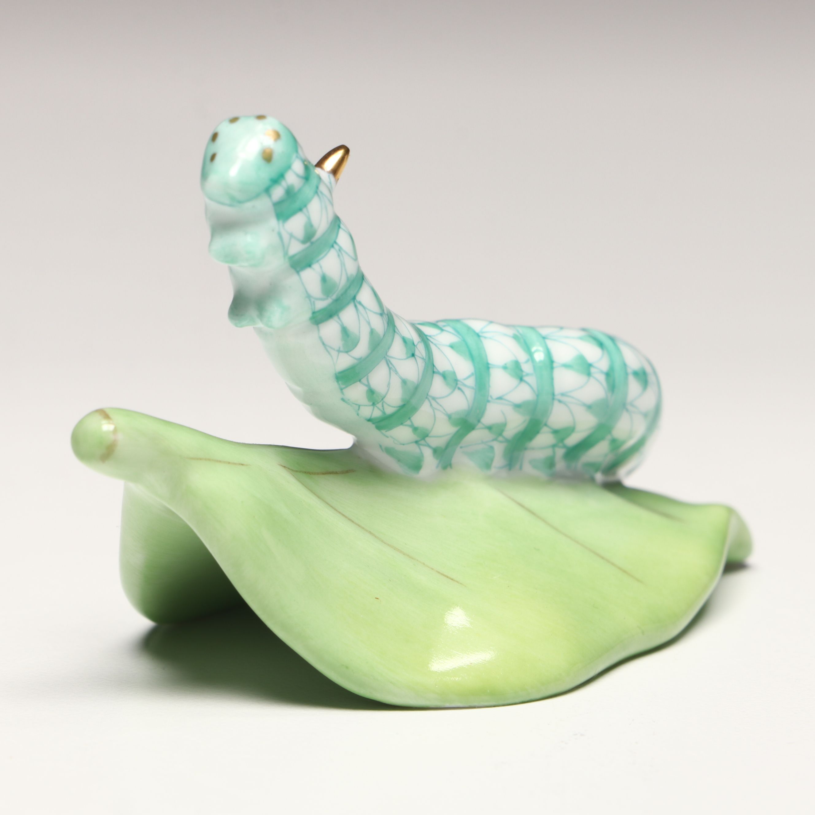 Herend Green Fishnet with Gold "Caterpillar" Porcelain Figurine