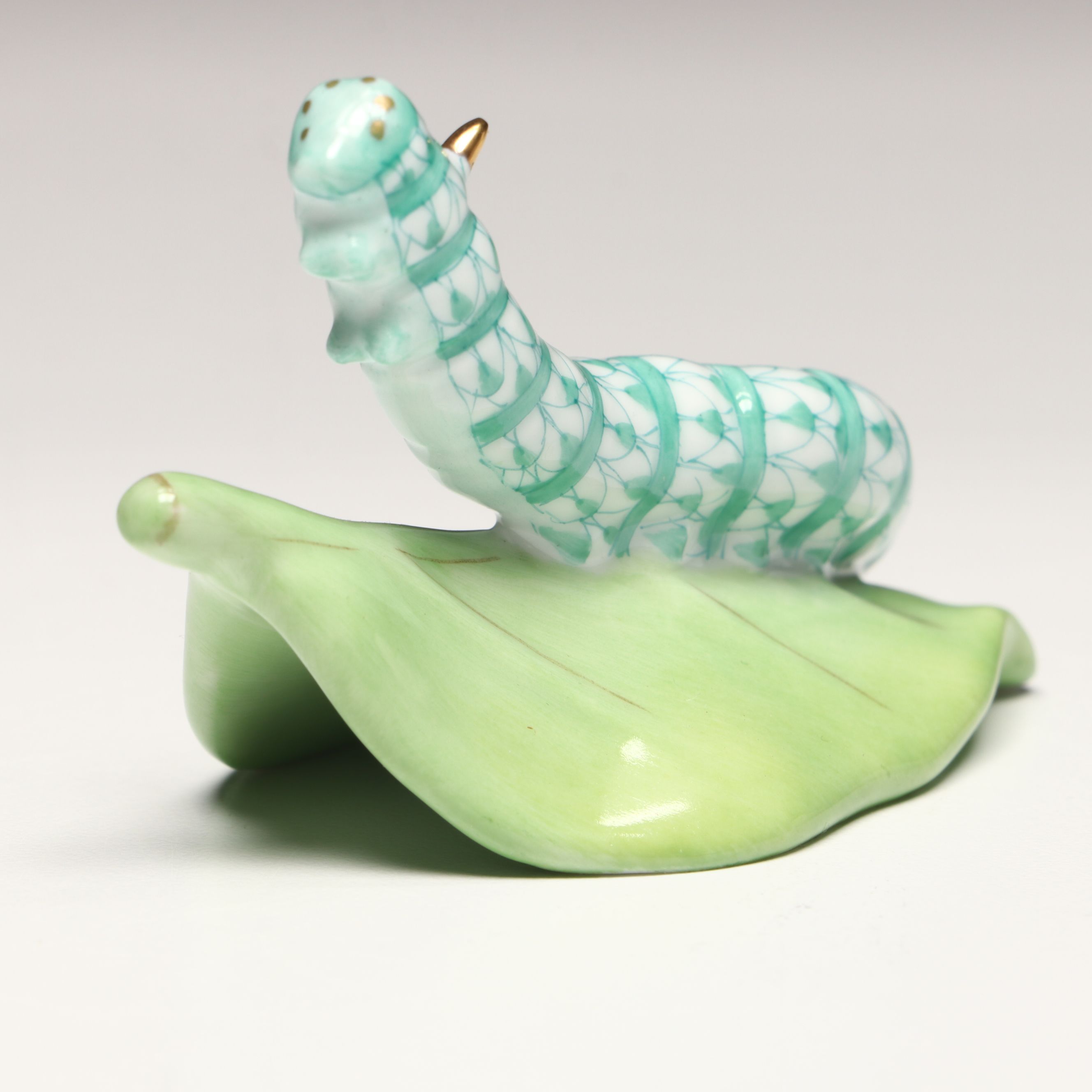 Herend Green Fishnet with Gold "Caterpillar" Porcelain Figurine