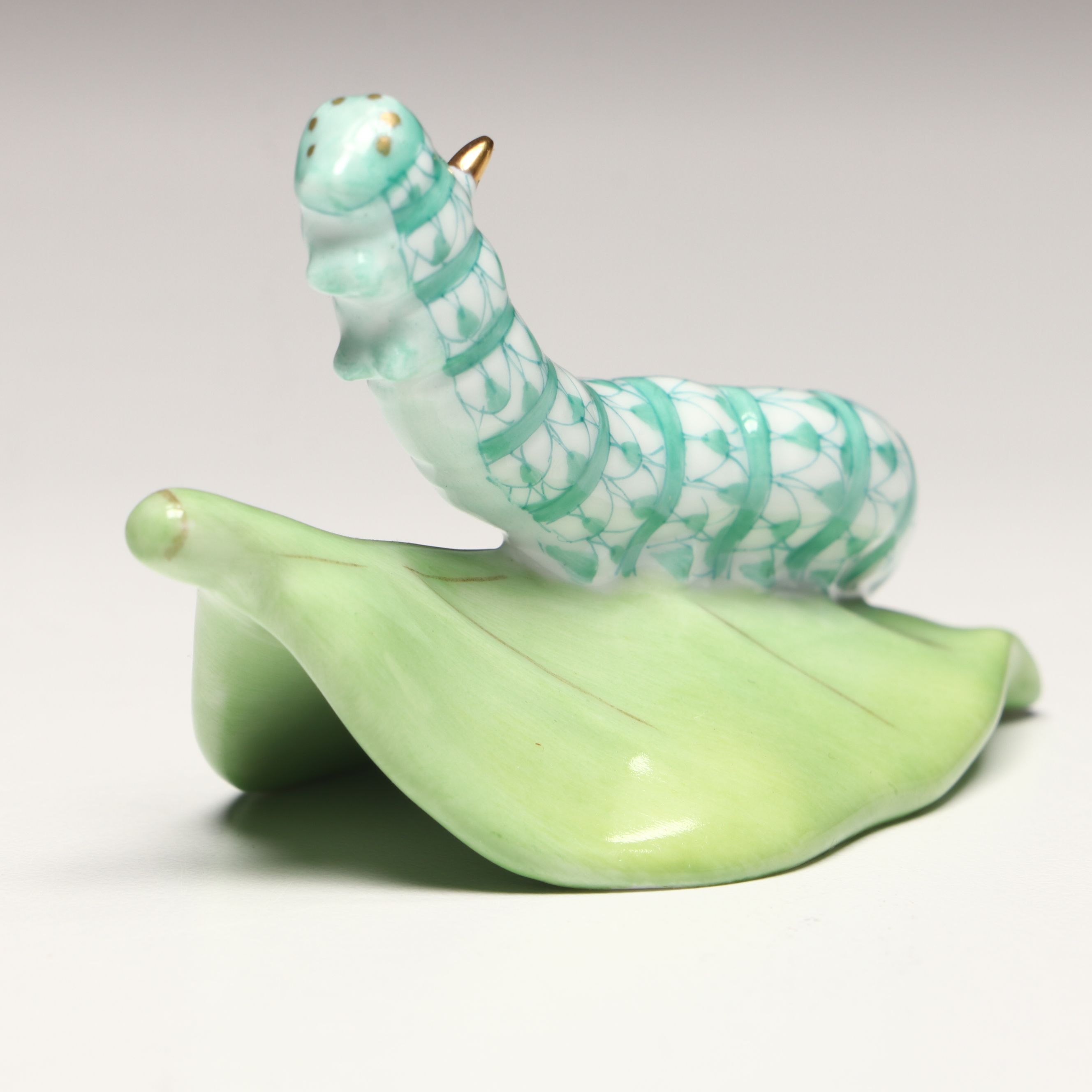 Herend Green Fishnet with Gold "Caterpillar" Porcelain Figurine