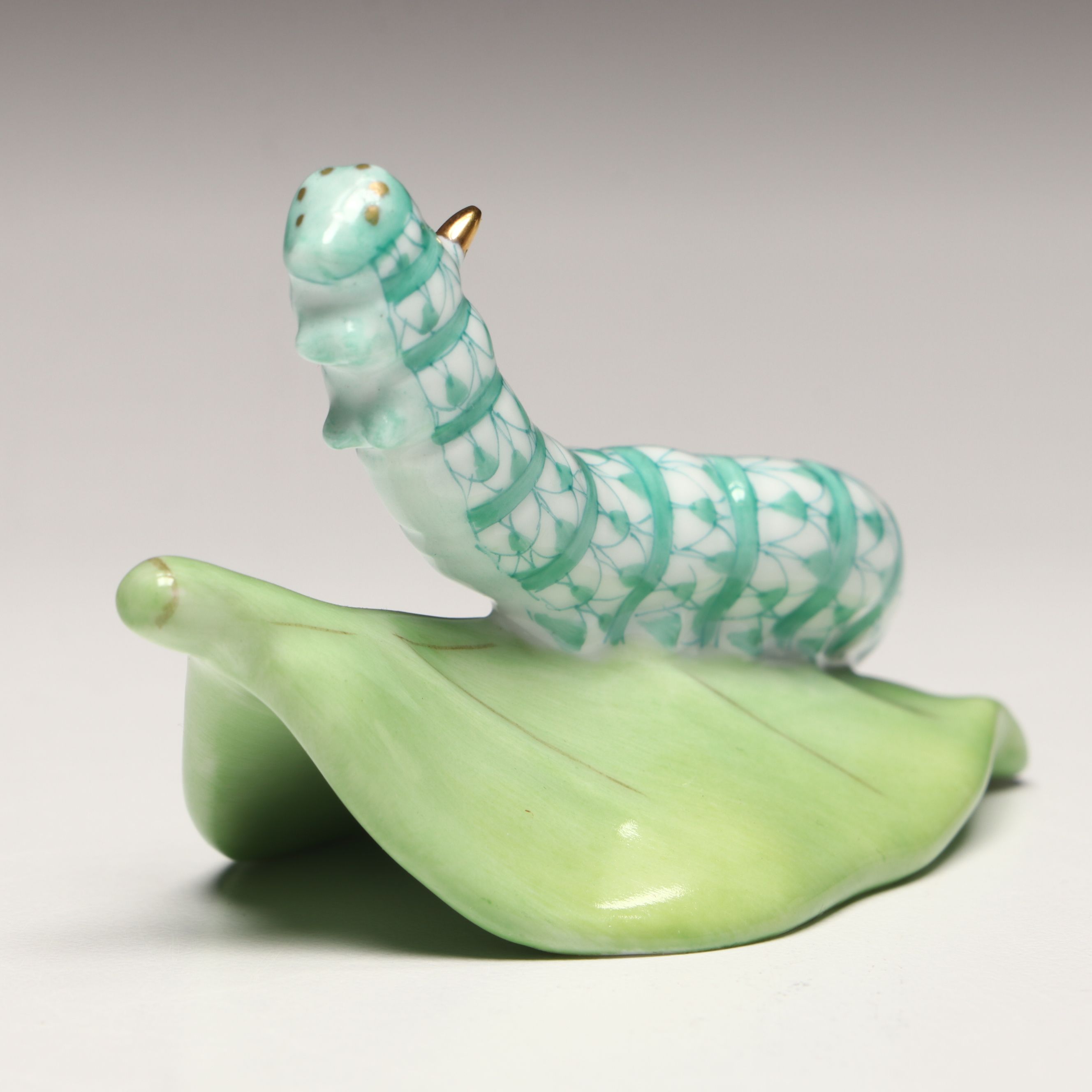 Herend Green Fishnet with Gold "Caterpillar" Porcelain Figurine