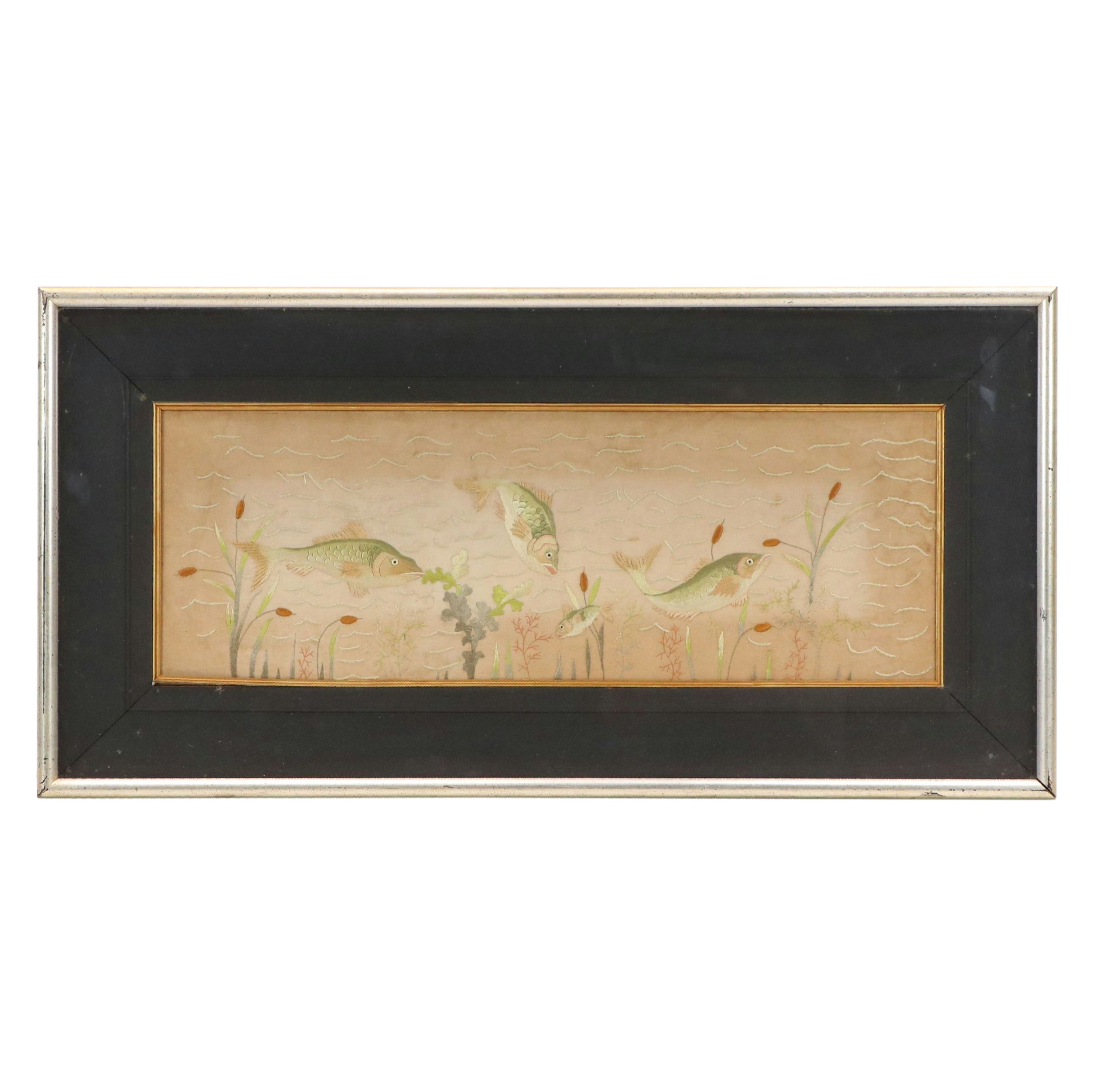 Hand-Embroidered Textile Panel of Fish in River, 20th Century