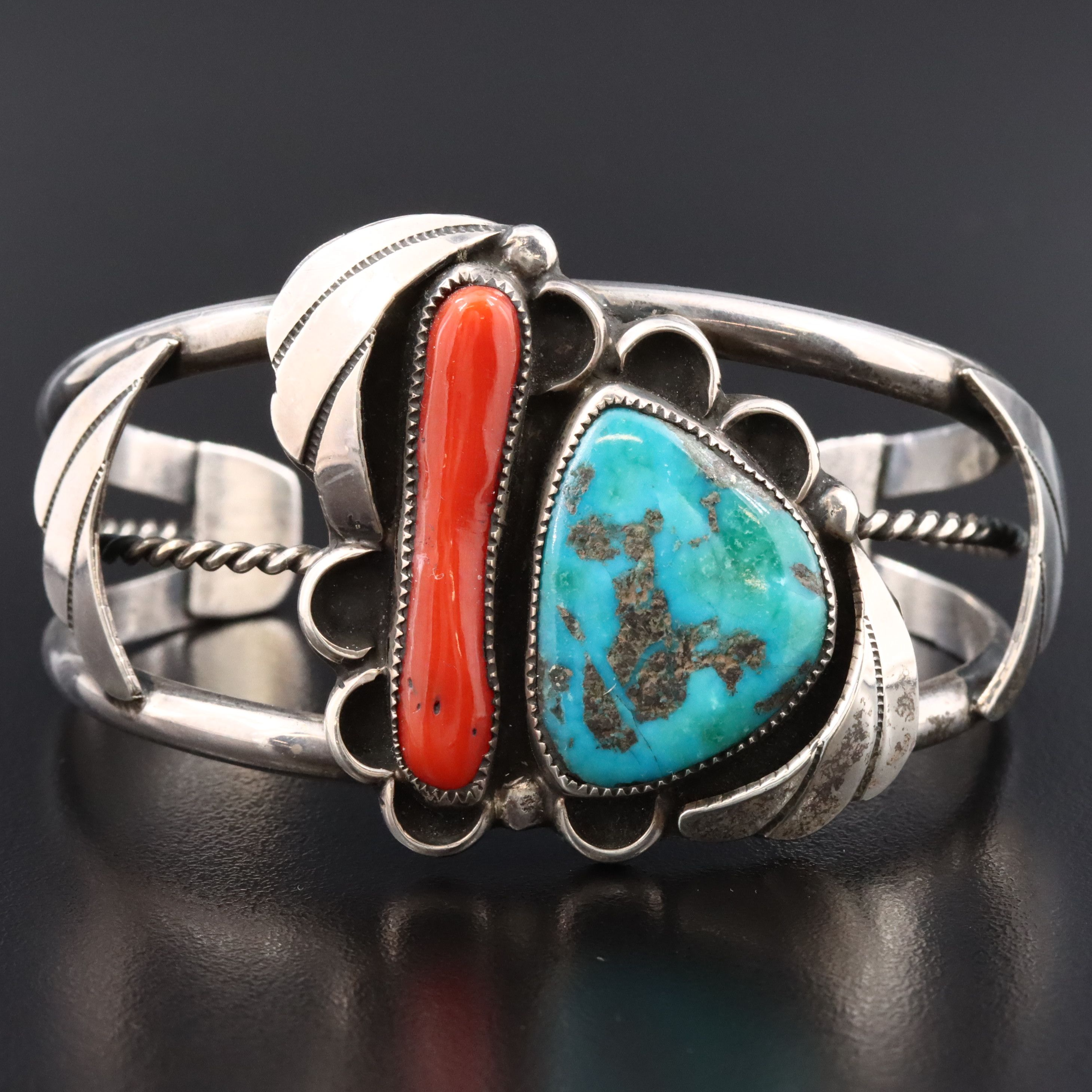 Southwestern Sterling Turquoise and Coral Cuff Bracelet