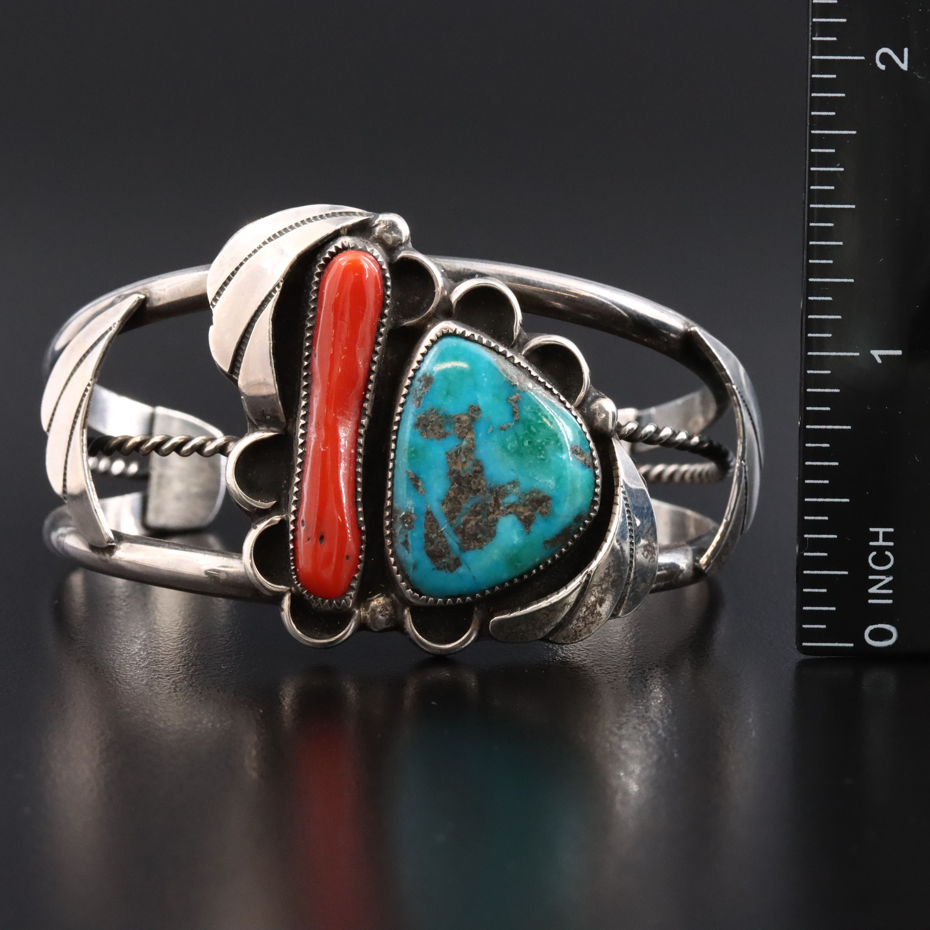 Southwestern Sterling Turquoise and Coral Cuff Bracelet