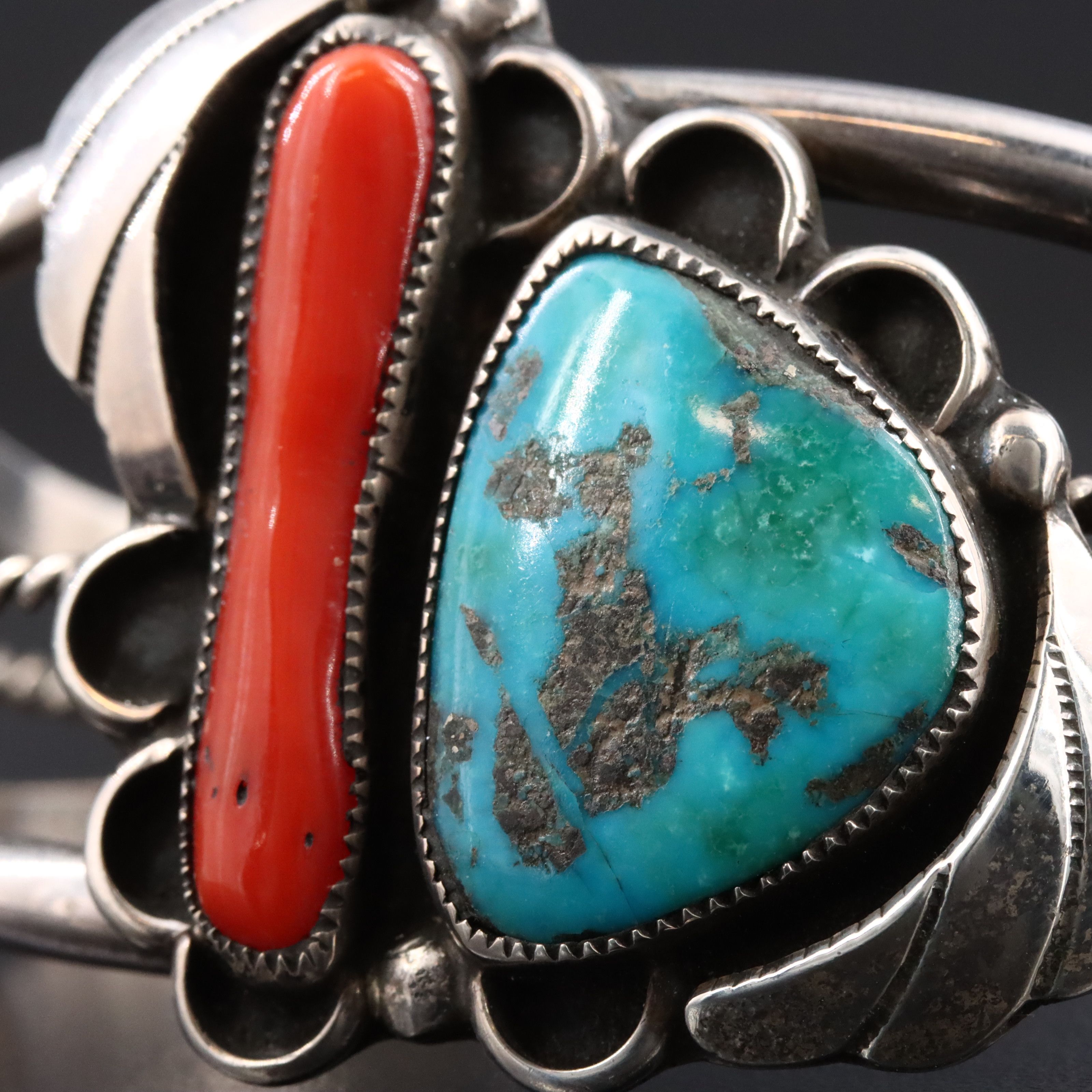 Southwestern Sterling Turquoise and Coral Cuff Bracelet