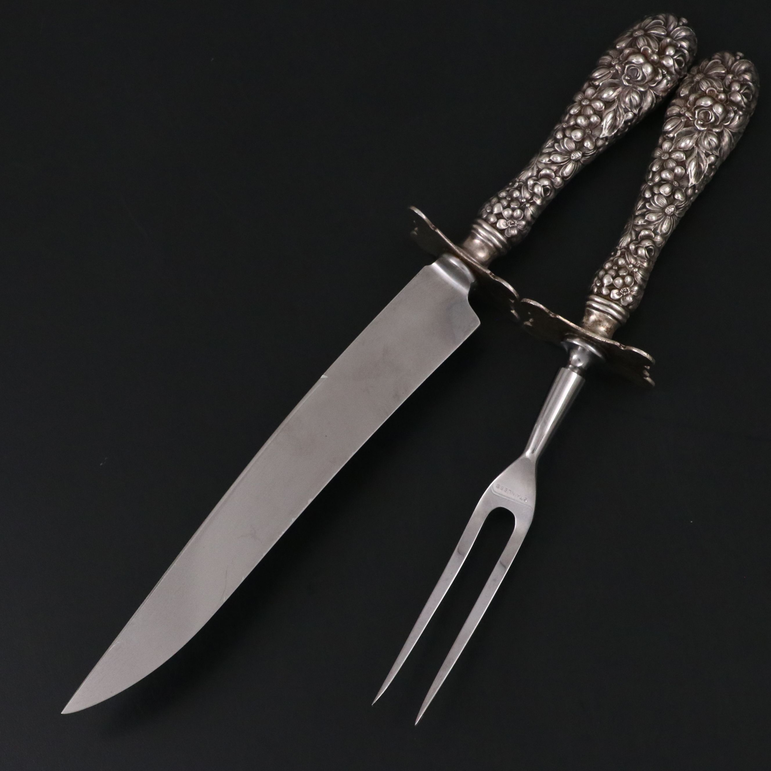 Stieff "Stieff Rose" Sterling Silver Handled Carving Knife and Fork