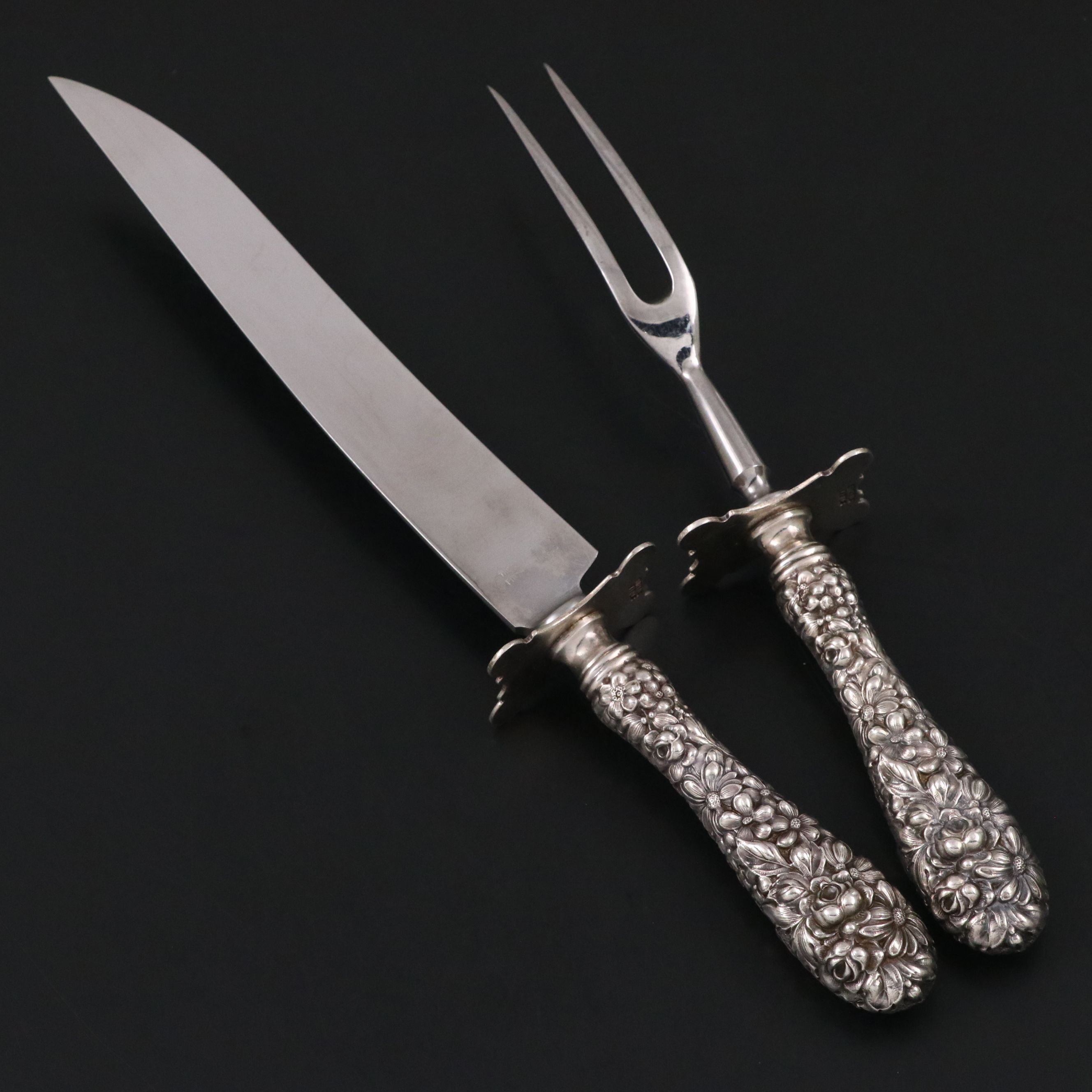 Stieff "Stieff Rose" Sterling Silver Handled Carving Knife and Fork