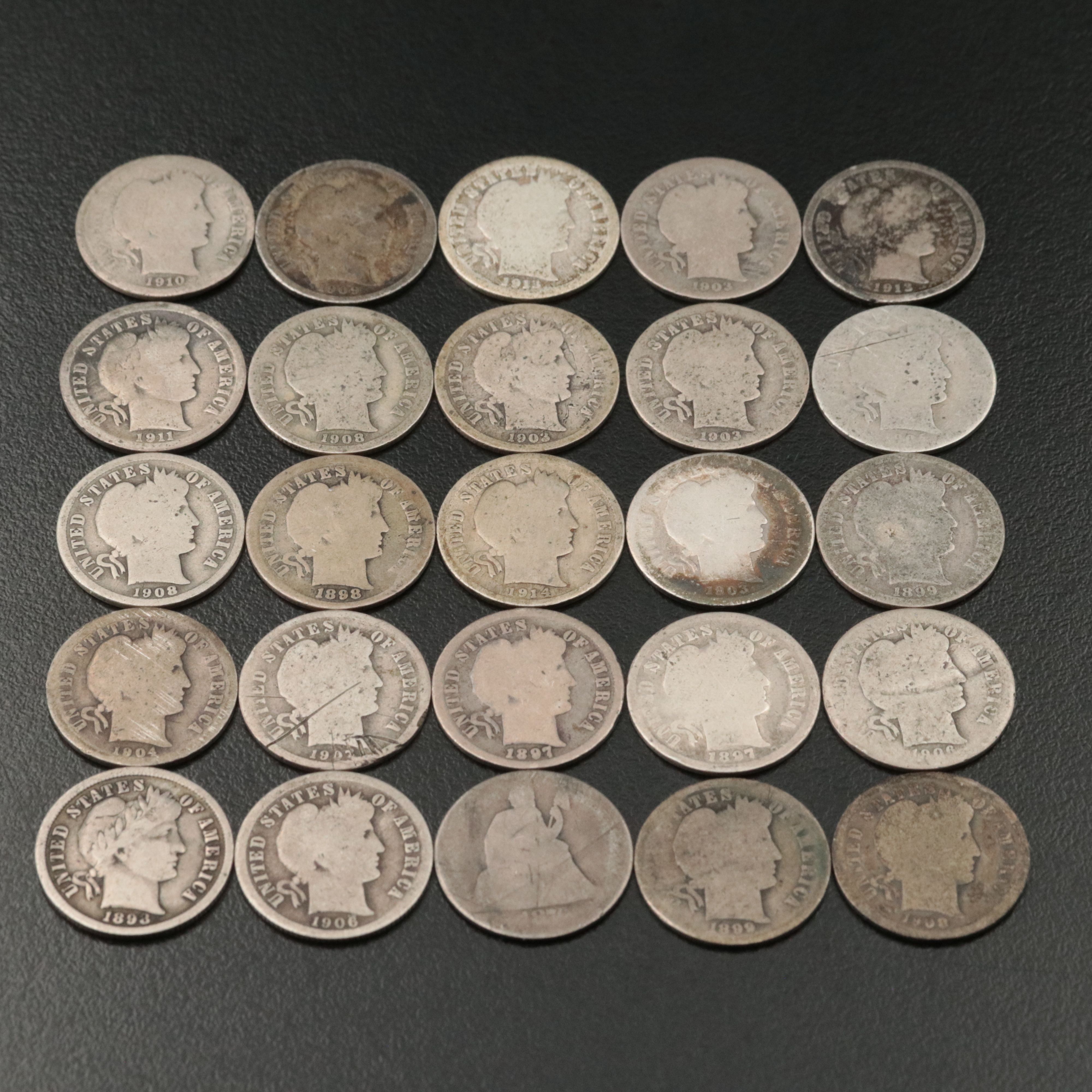 Twenty-Four Barber Silver Dimes and One Liberty Seated Silver Dime