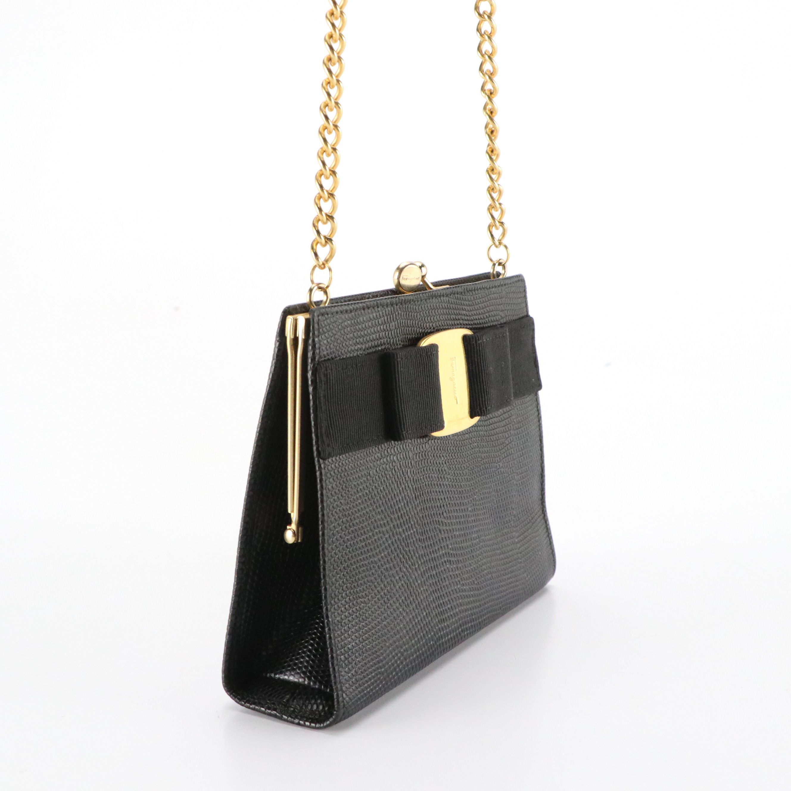 Salvatore Ferragamo Mini Vara Chain Lizard Embossed Leather Kisslock Crossbody