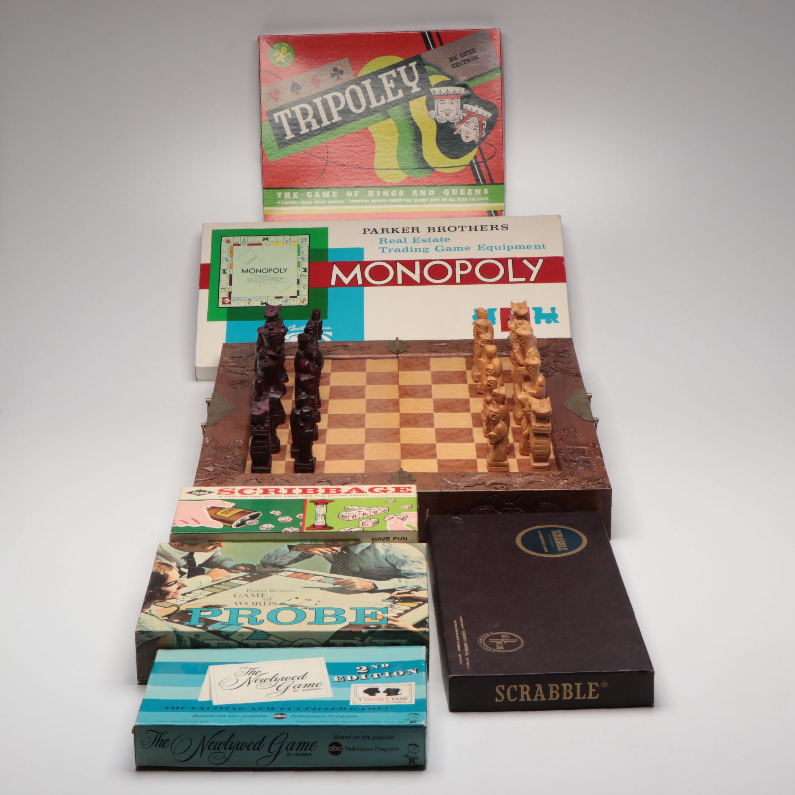Folding Wooden Chess Board with Scrabble, Monopoly, and More Board Games
