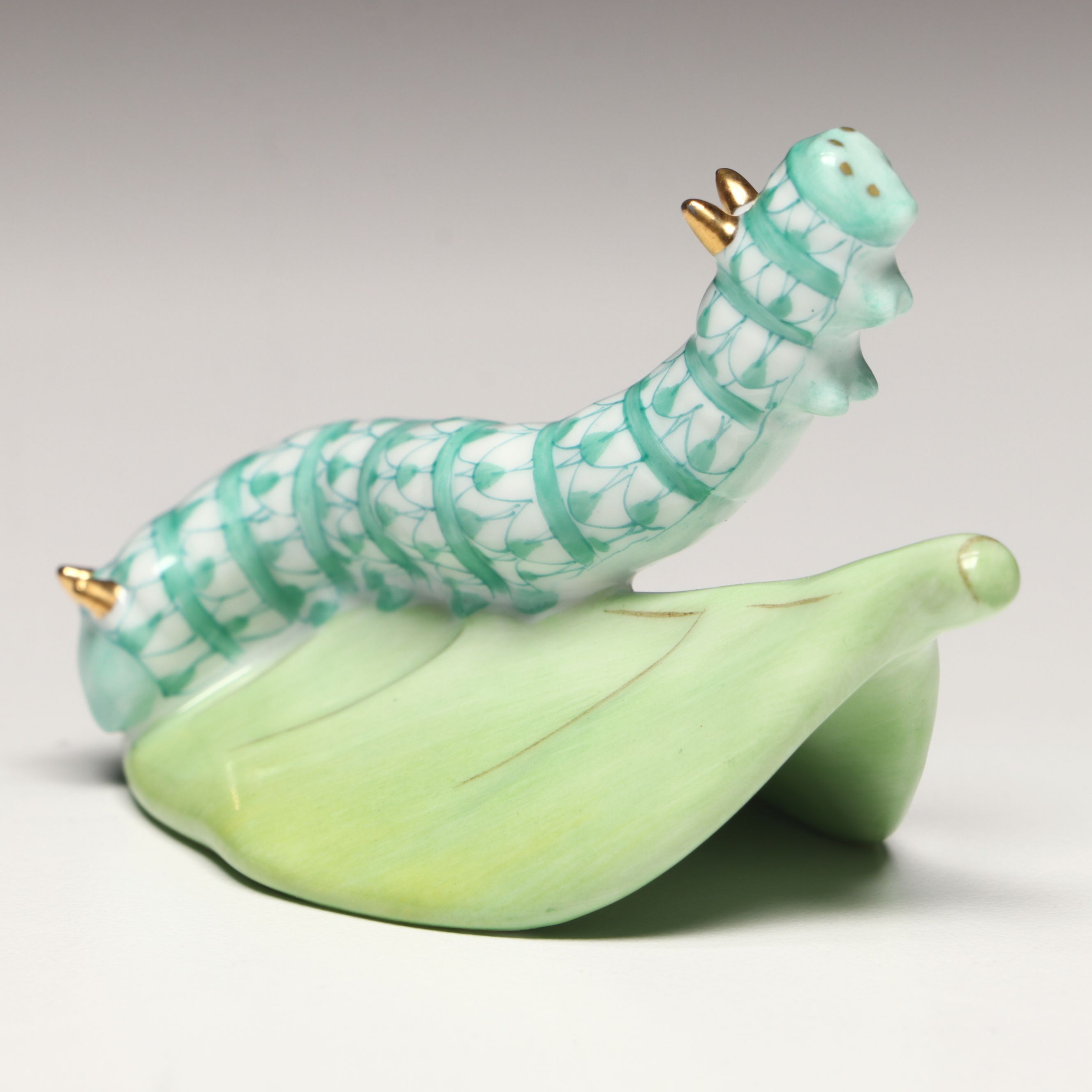 Herend Green Fishnet with Gold "Caterpillar" Porcelain Figurine
