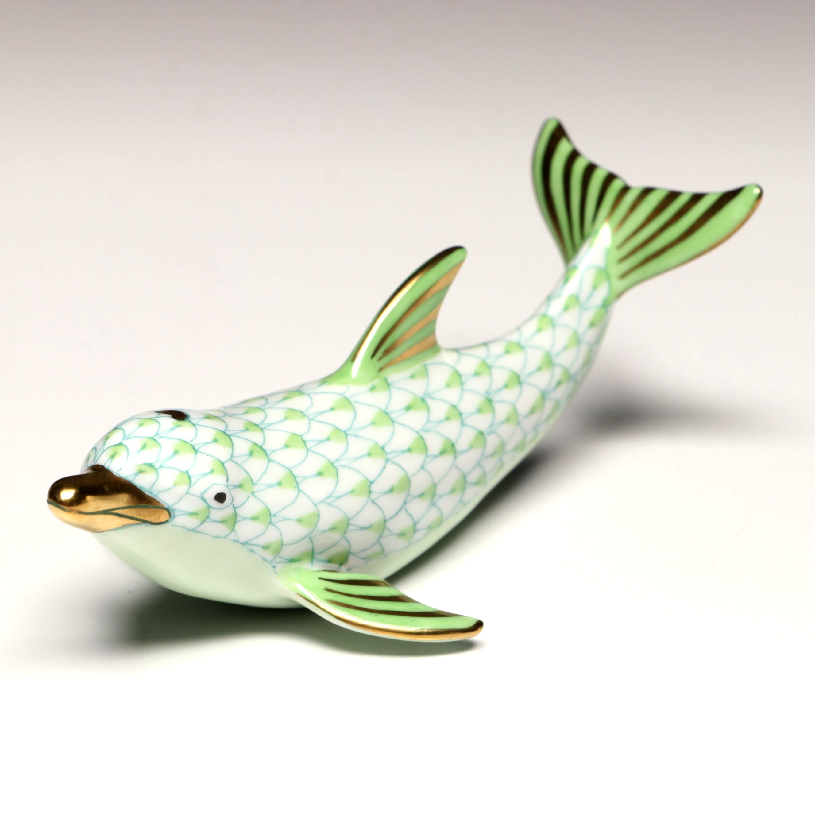 Herend Key Lime Fishnet with Gold "Playful Dolphin" Porcelain Figurine