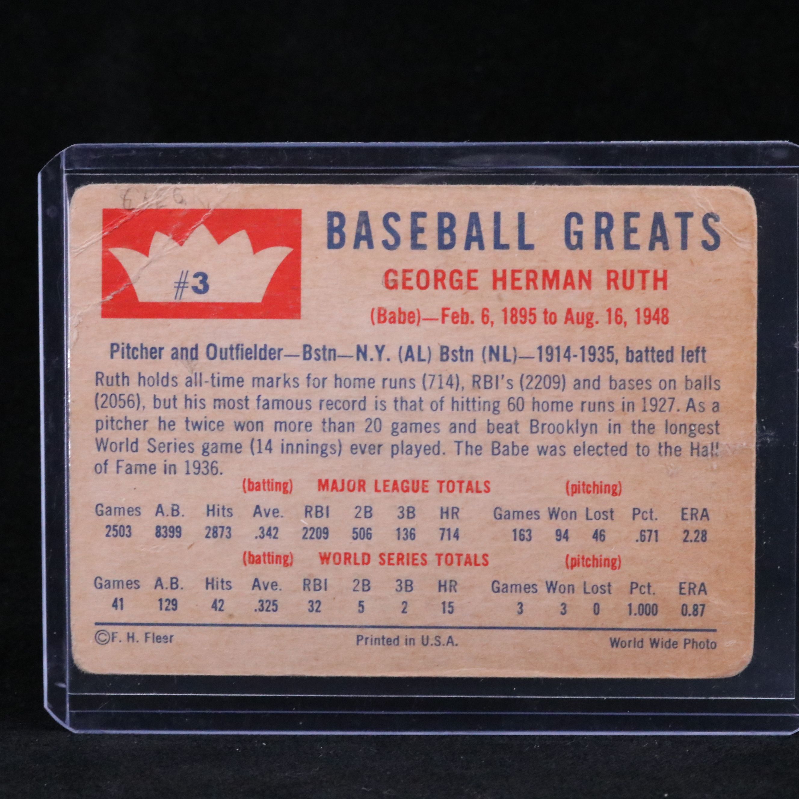 1960 Fleer Babe Ruth New York Yankees Baseball Card