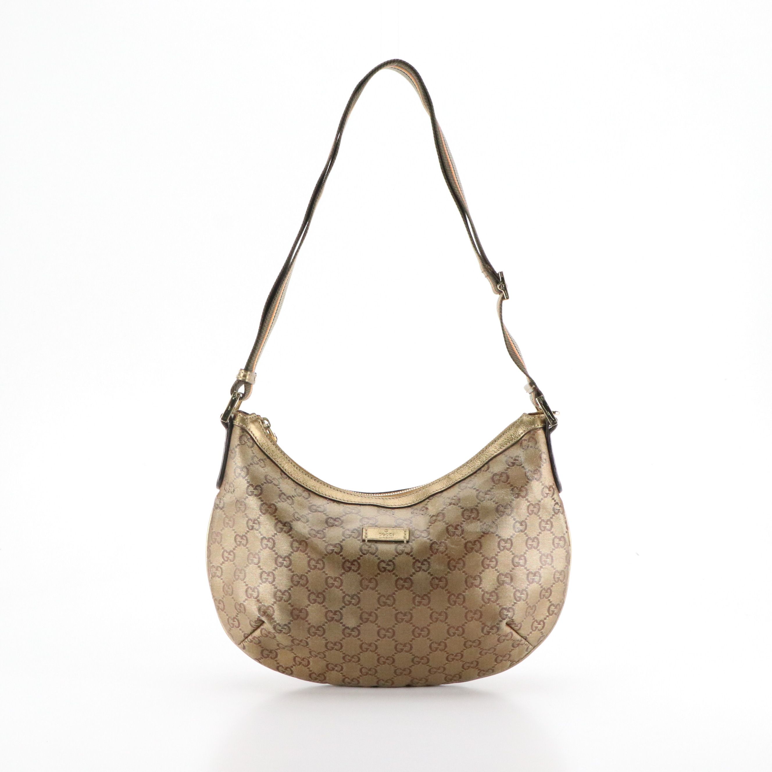 Gucci Gold Metallic GG Coated Canvas and Leather Shoulder Bag with Web Strap