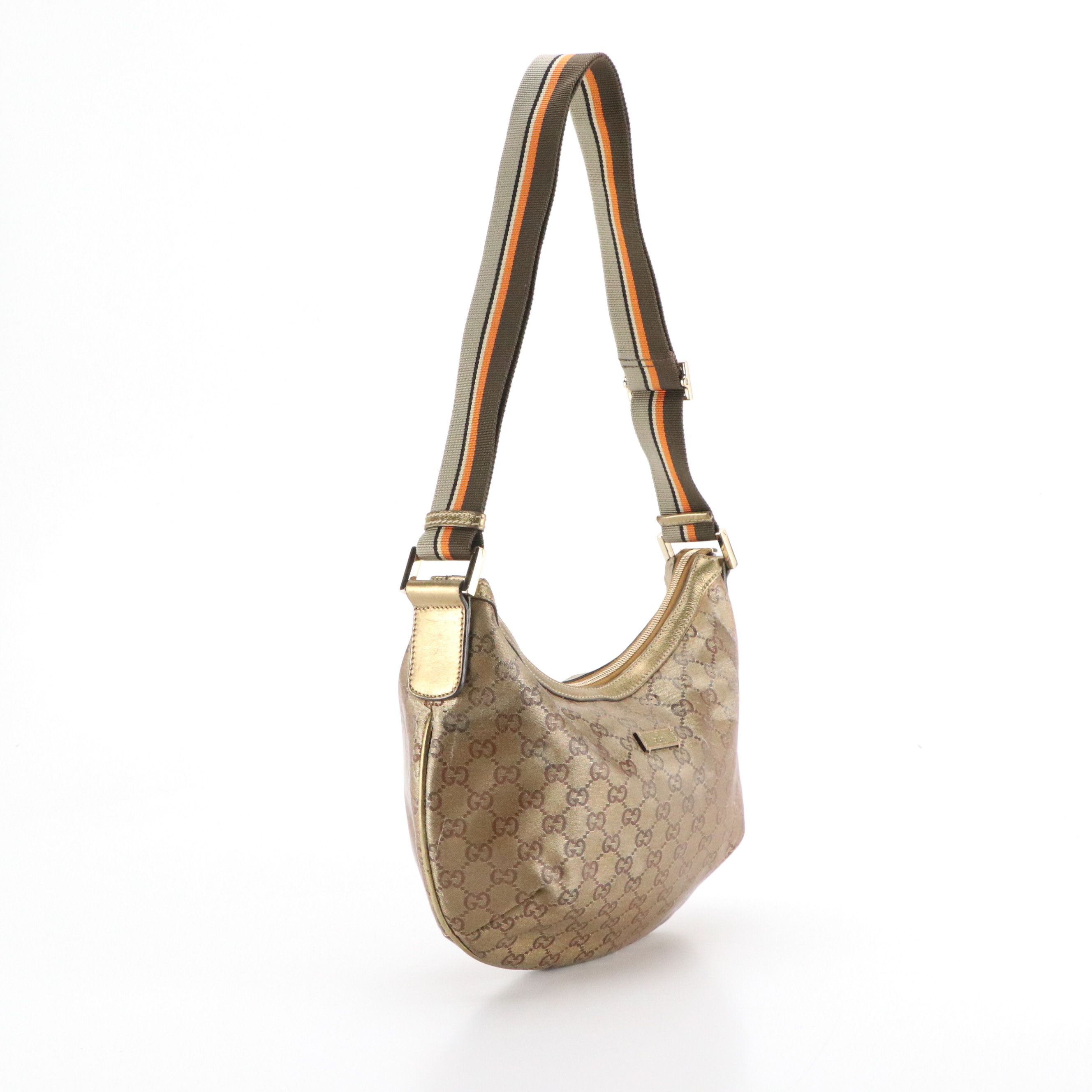 Gucci Gold Metallic GG Coated Canvas and Leather Shoulder Bag with Web Strap