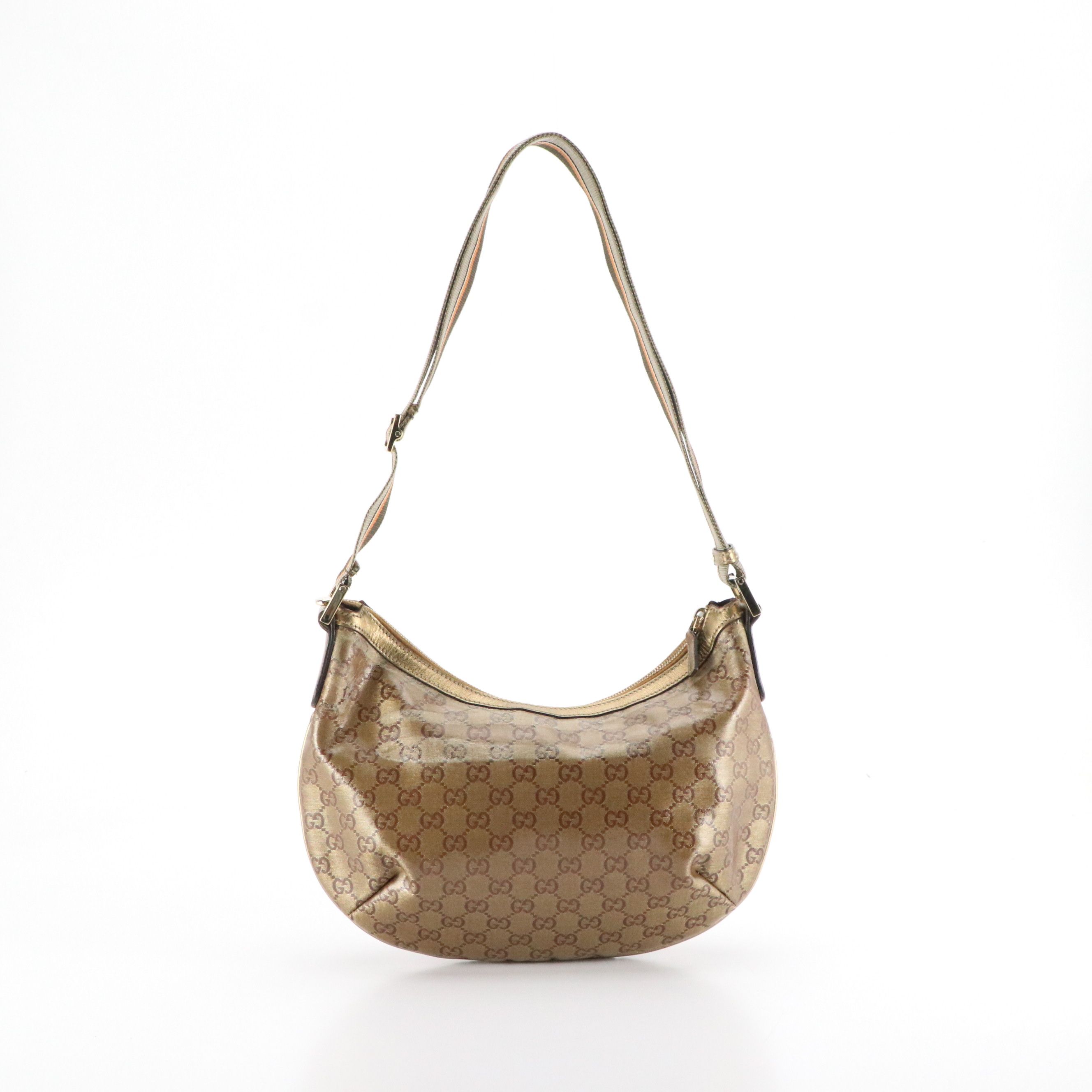 Gucci Gold Metallic GG Coated Canvas and Leather Shoulder Bag with Web Strap