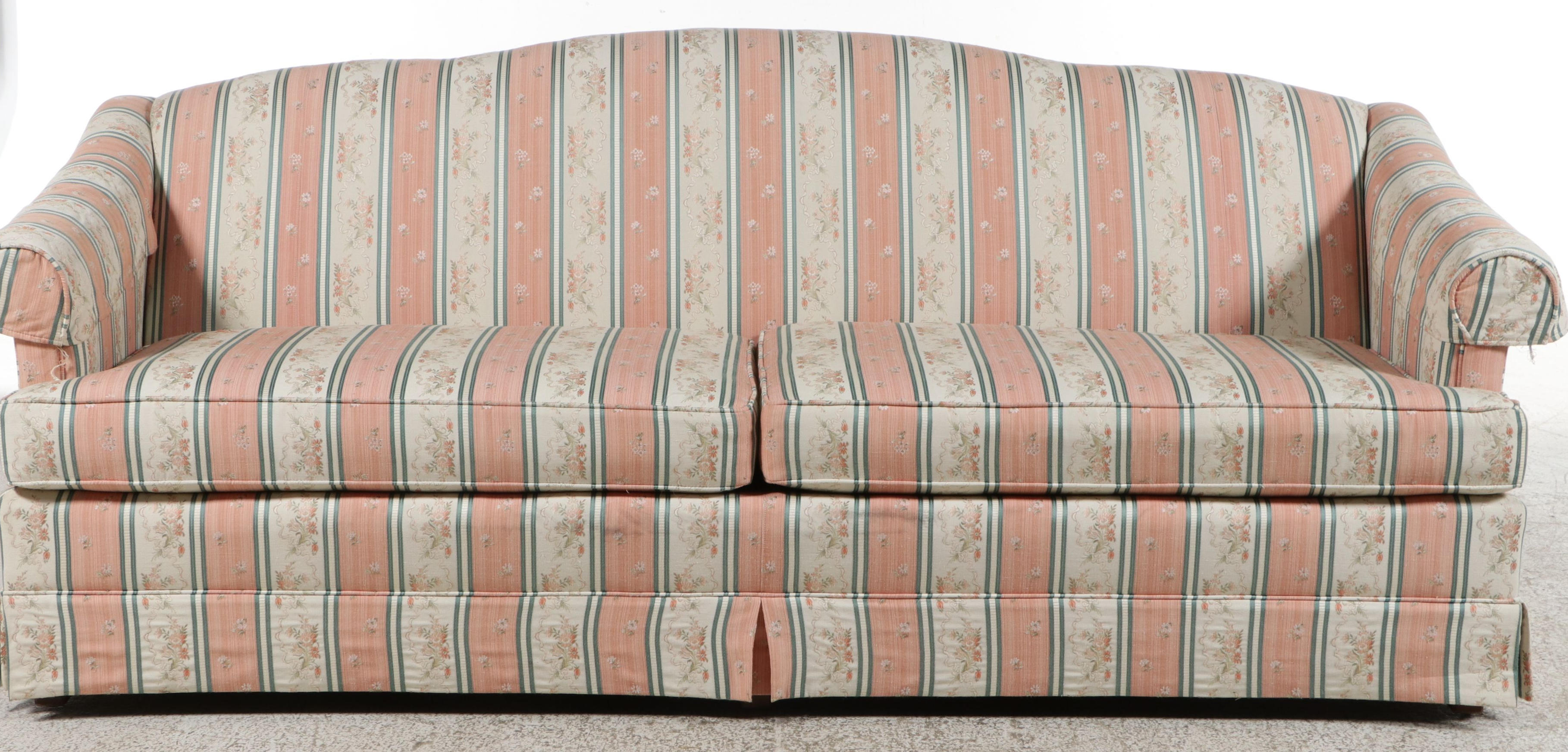 Thomasville Traditional Floral Stripe Upholstered Camelback Sofa