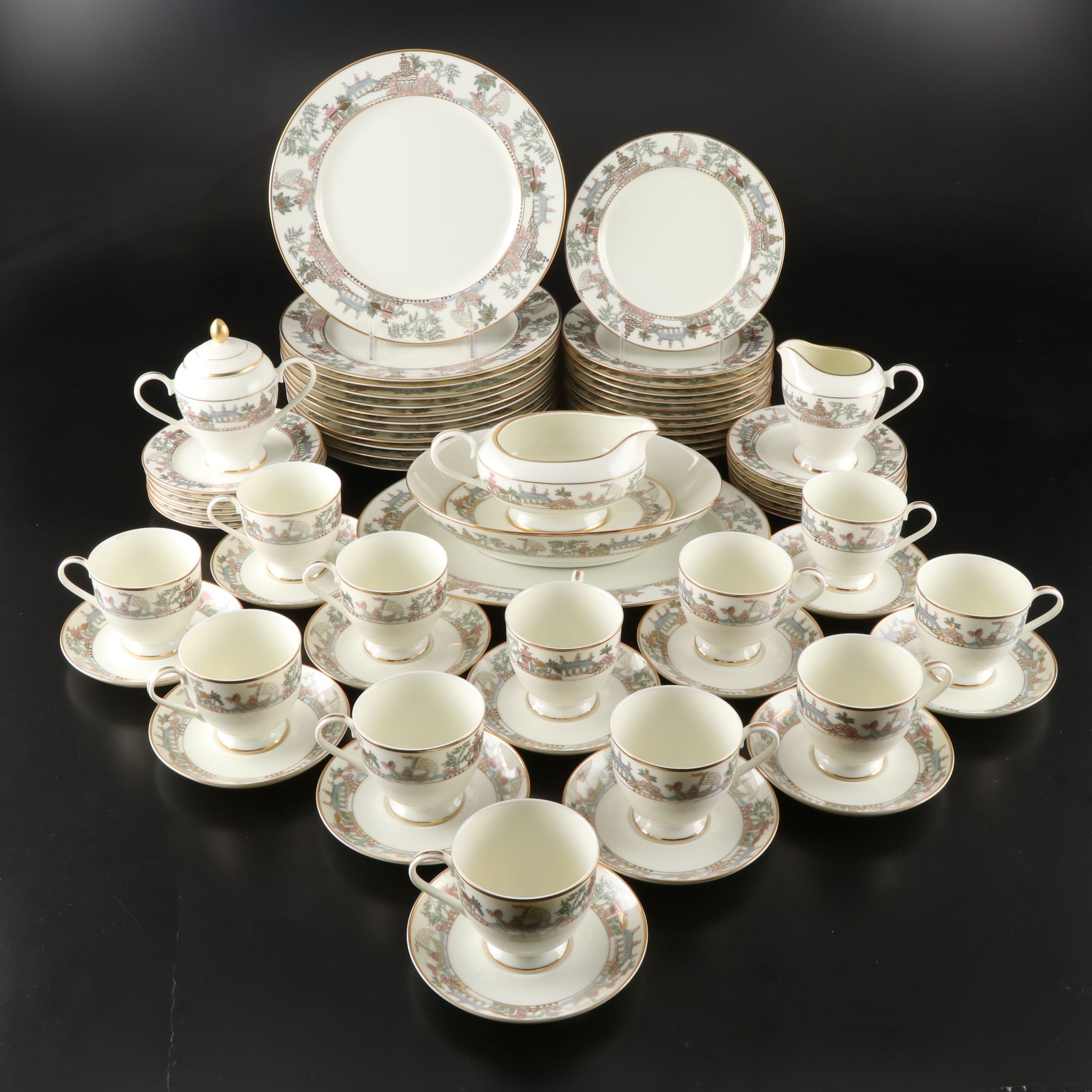Gorham "East Wind" Gold Trim Porcelain Dinnerware and Serving Pieces, 1992-1994