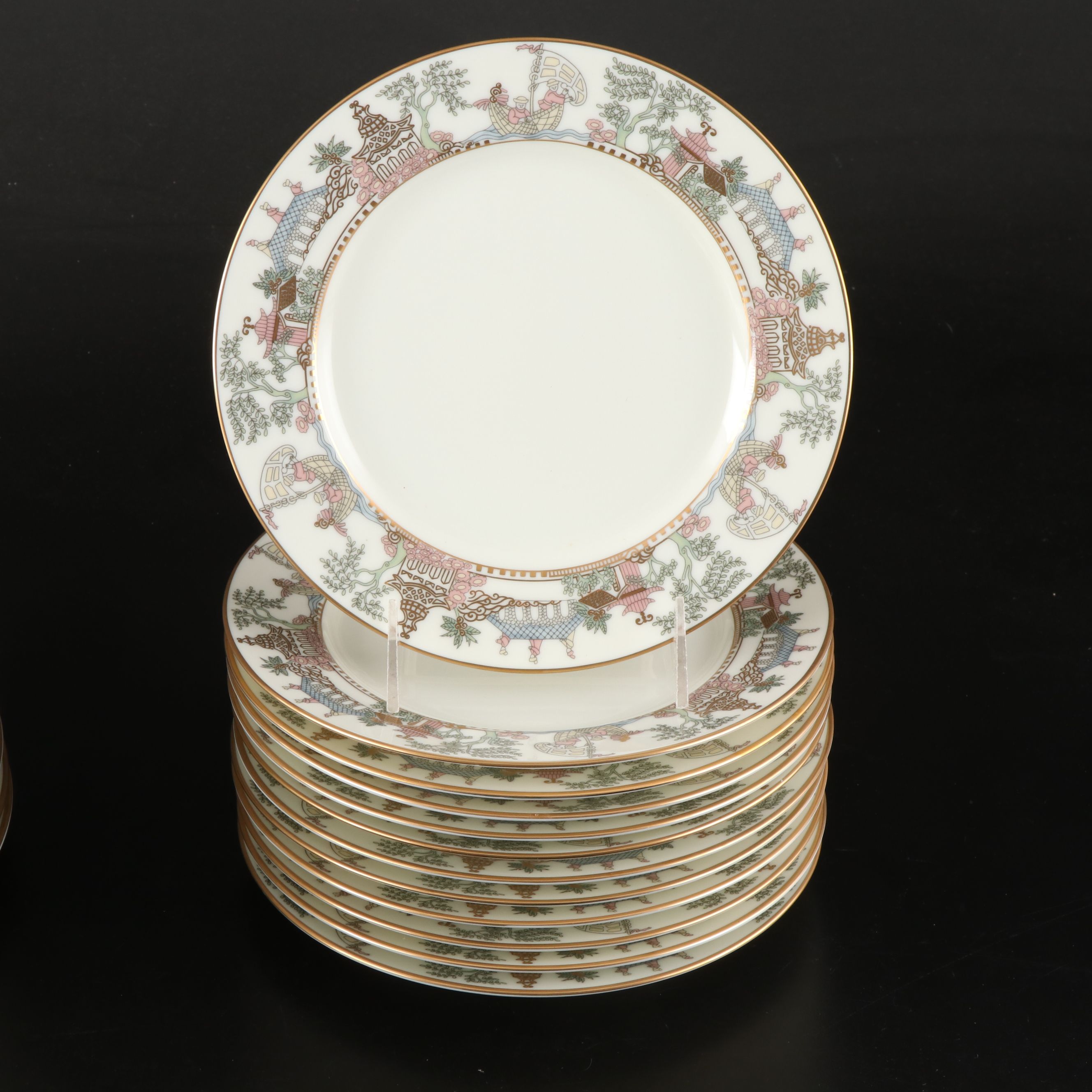 Gorham "East Wind" Gold Trim Porcelain Dinnerware and Serving Pieces, 1992-1994