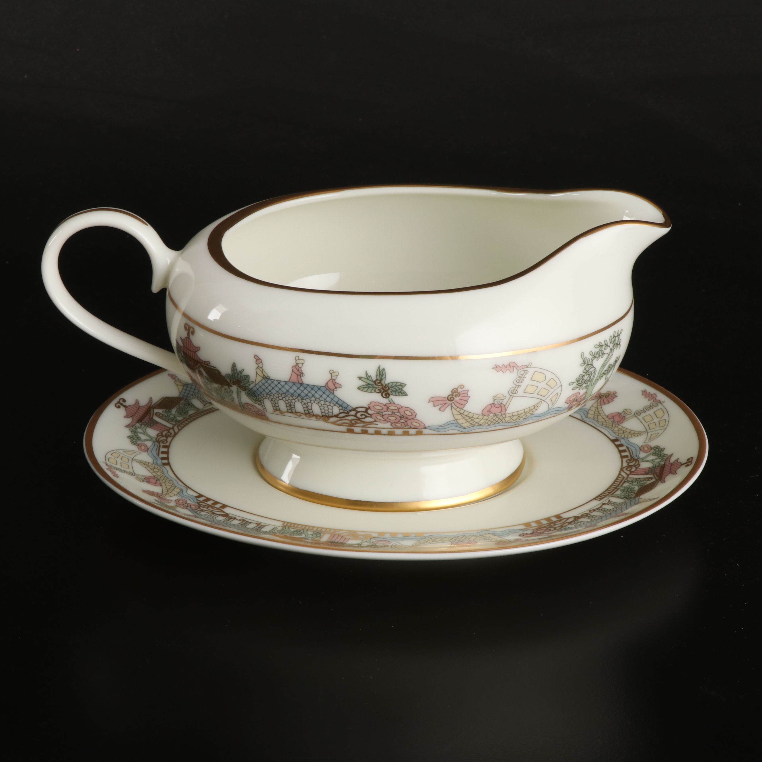 Gorham "East Wind" Gold Trim Porcelain Dinnerware and Serving Pieces, 1992-1994