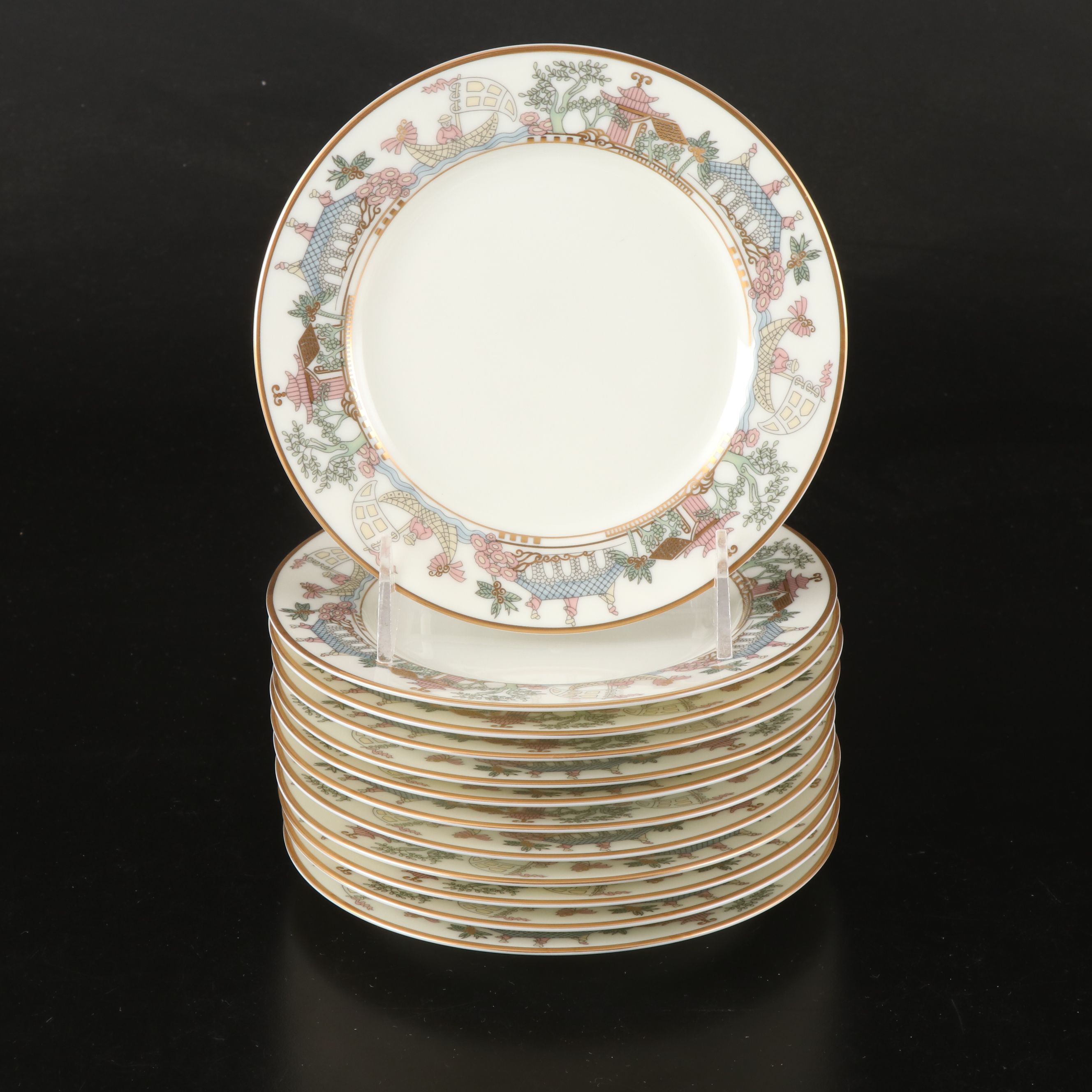 Gorham "East Wind" Gold Trim Porcelain Dinnerware and Serving Pieces, 1992-1994