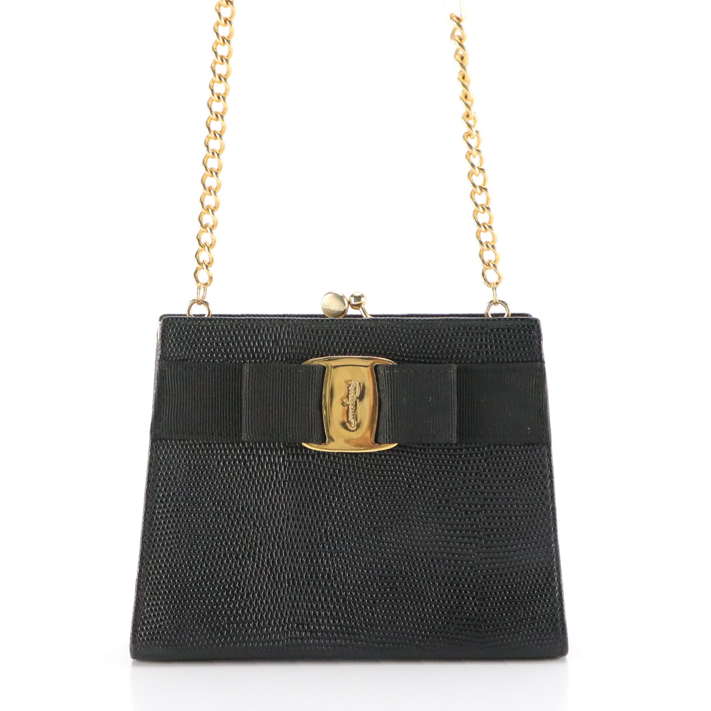 Salvatore Ferragamo Mini Vara Chain Lizard Embossed Leather Kisslock Crossbody