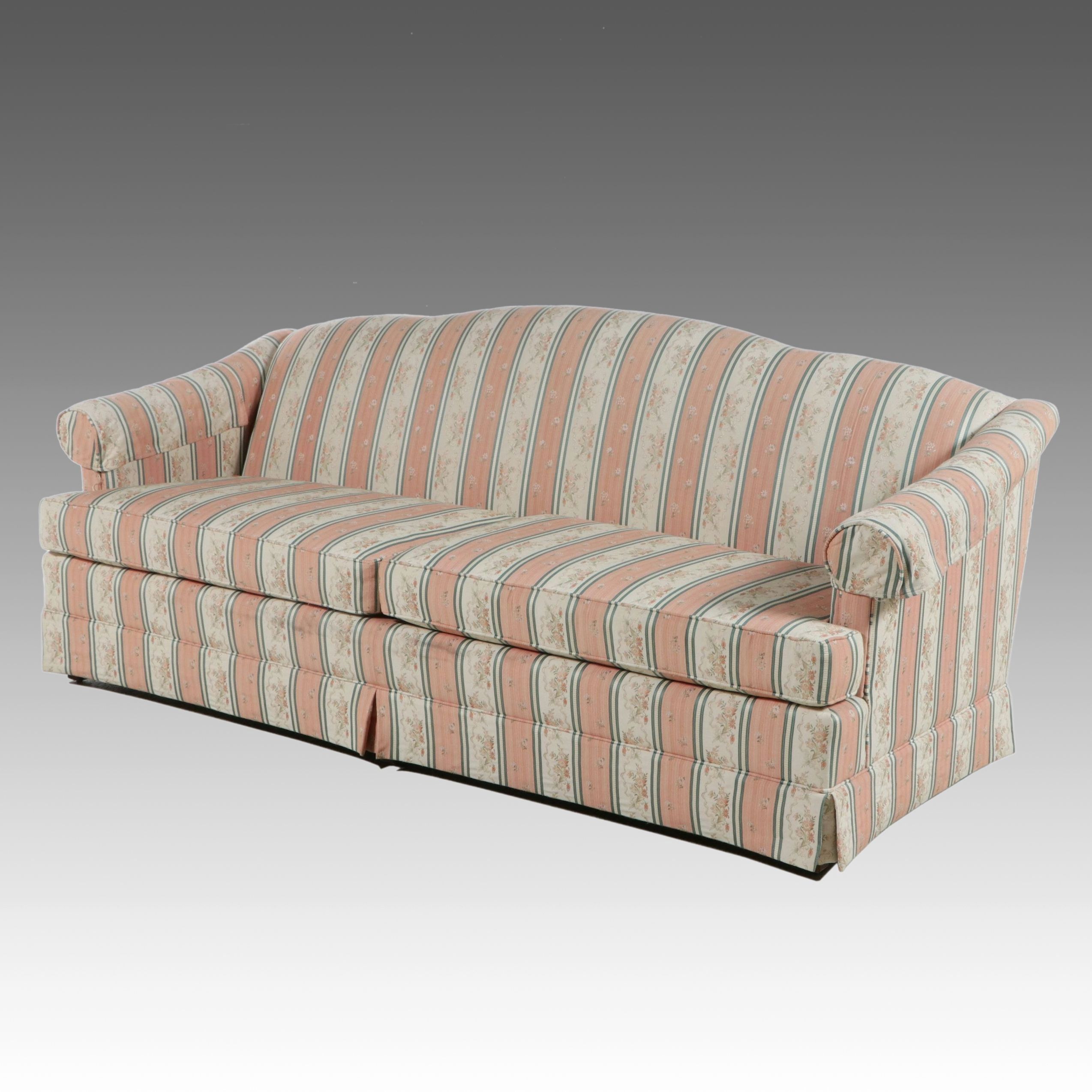 Thomasville Traditional Floral Stripe Upholstered Camelback Sofa