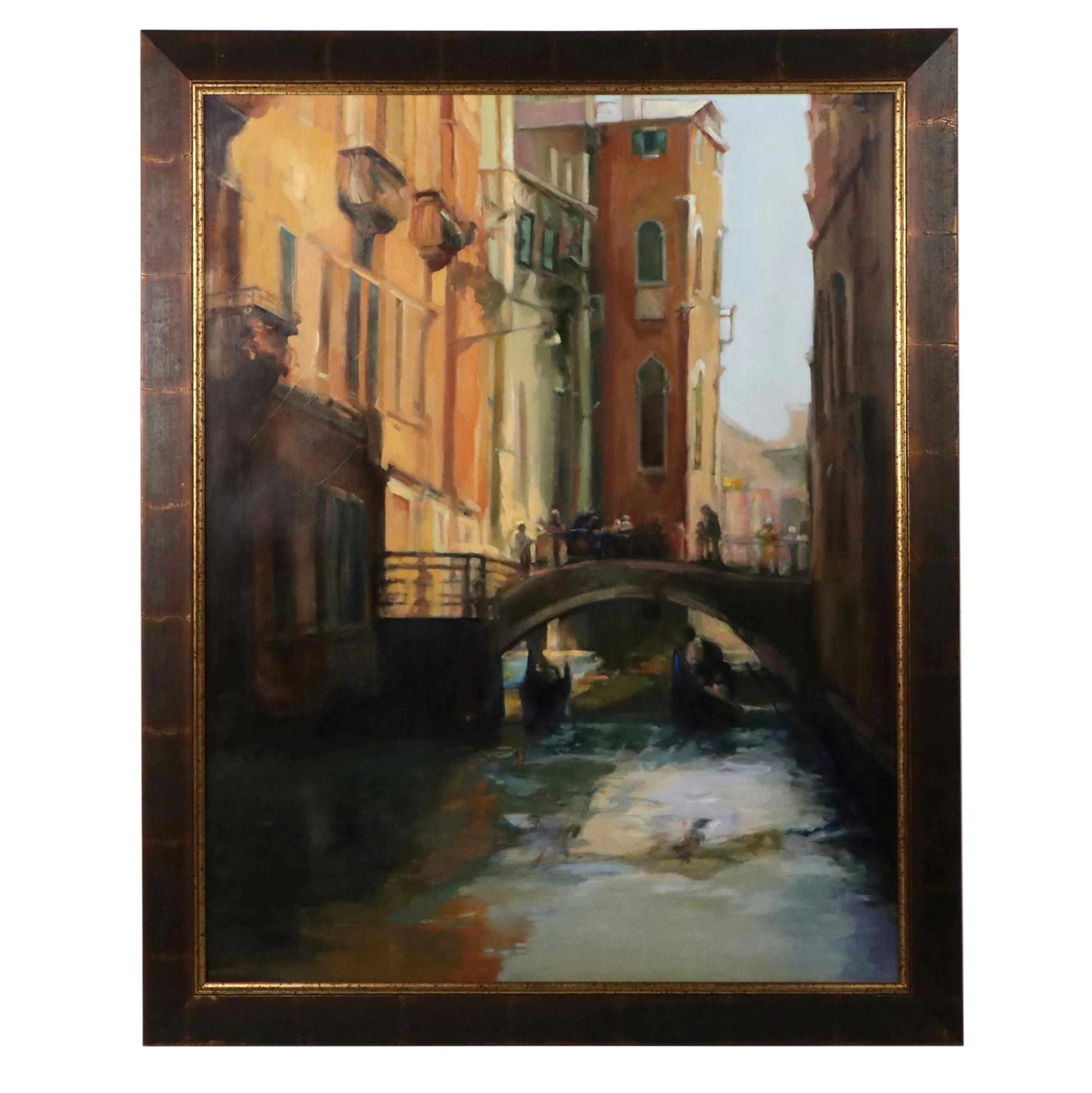 Large-Scale Oil Painting of Venetian Canal Scene, 21st Century