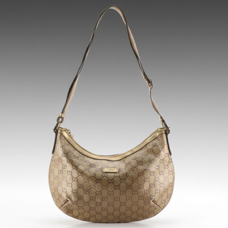 Gucci Gold Metallic GG Coated Canvas and Leather Shoulder Bag with Web Strap