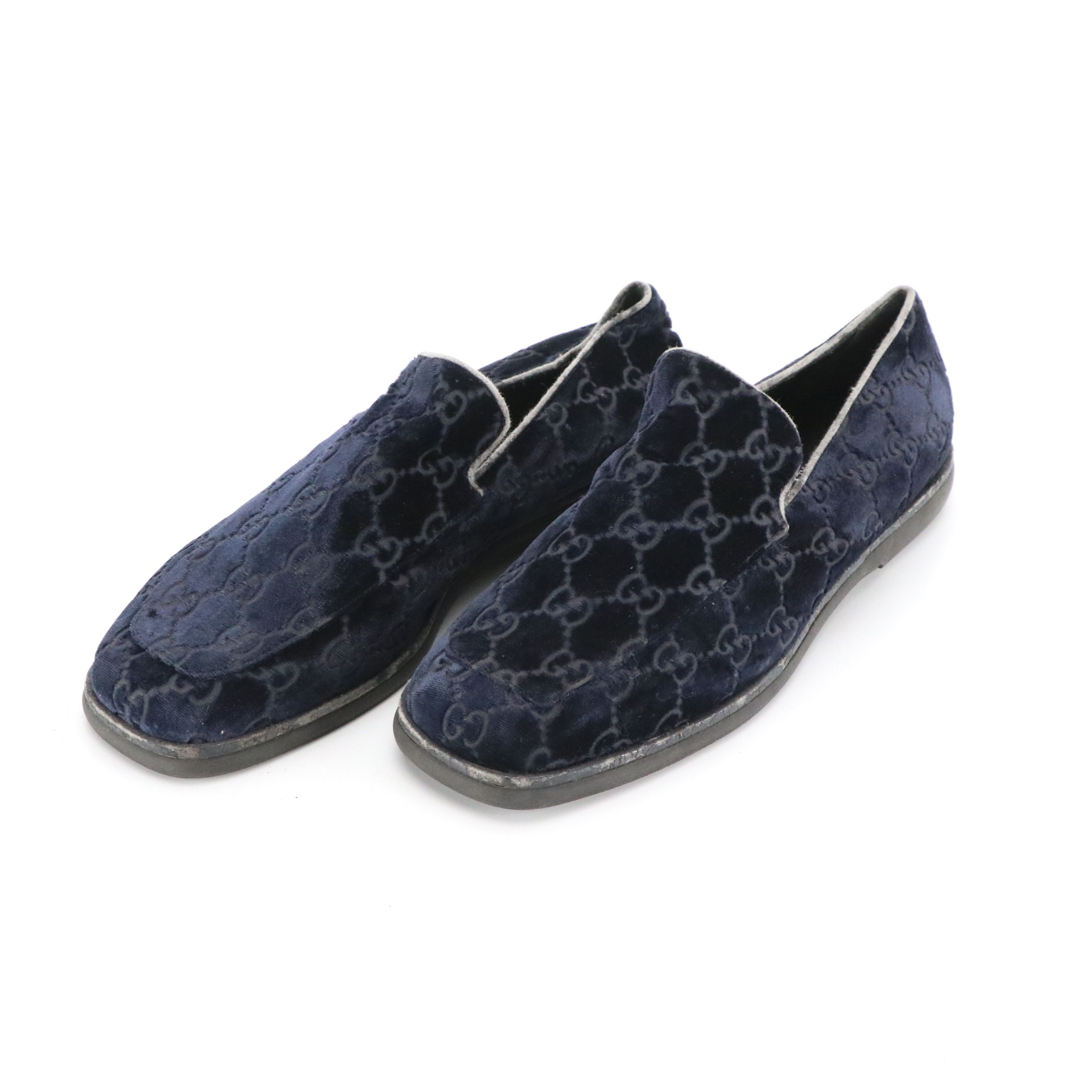 Gucci GG Monogram Blue Velvet Loafers