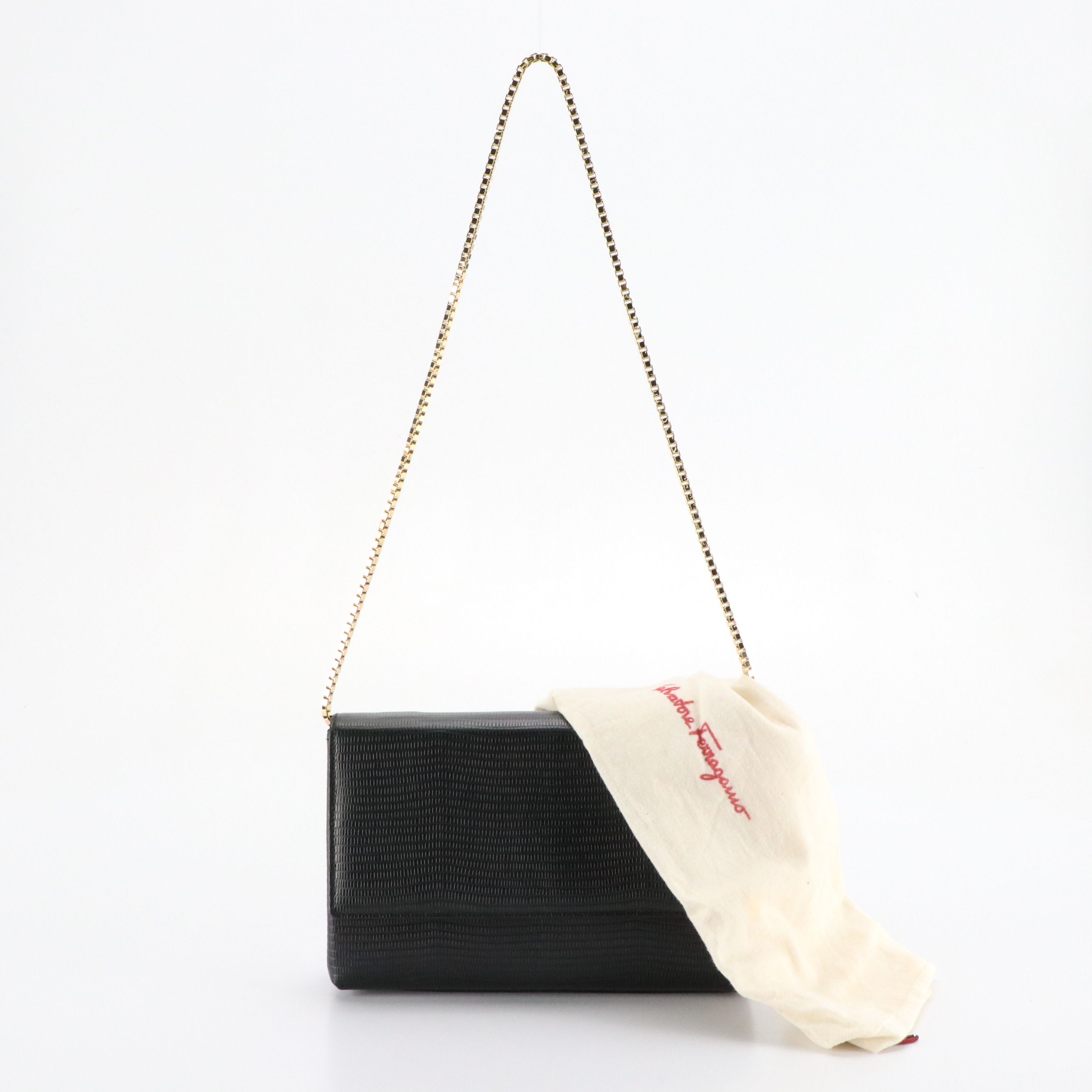 Salvatore Ferragamo Lizard Embossed Leather Flap-Front Bag with Chain Strap