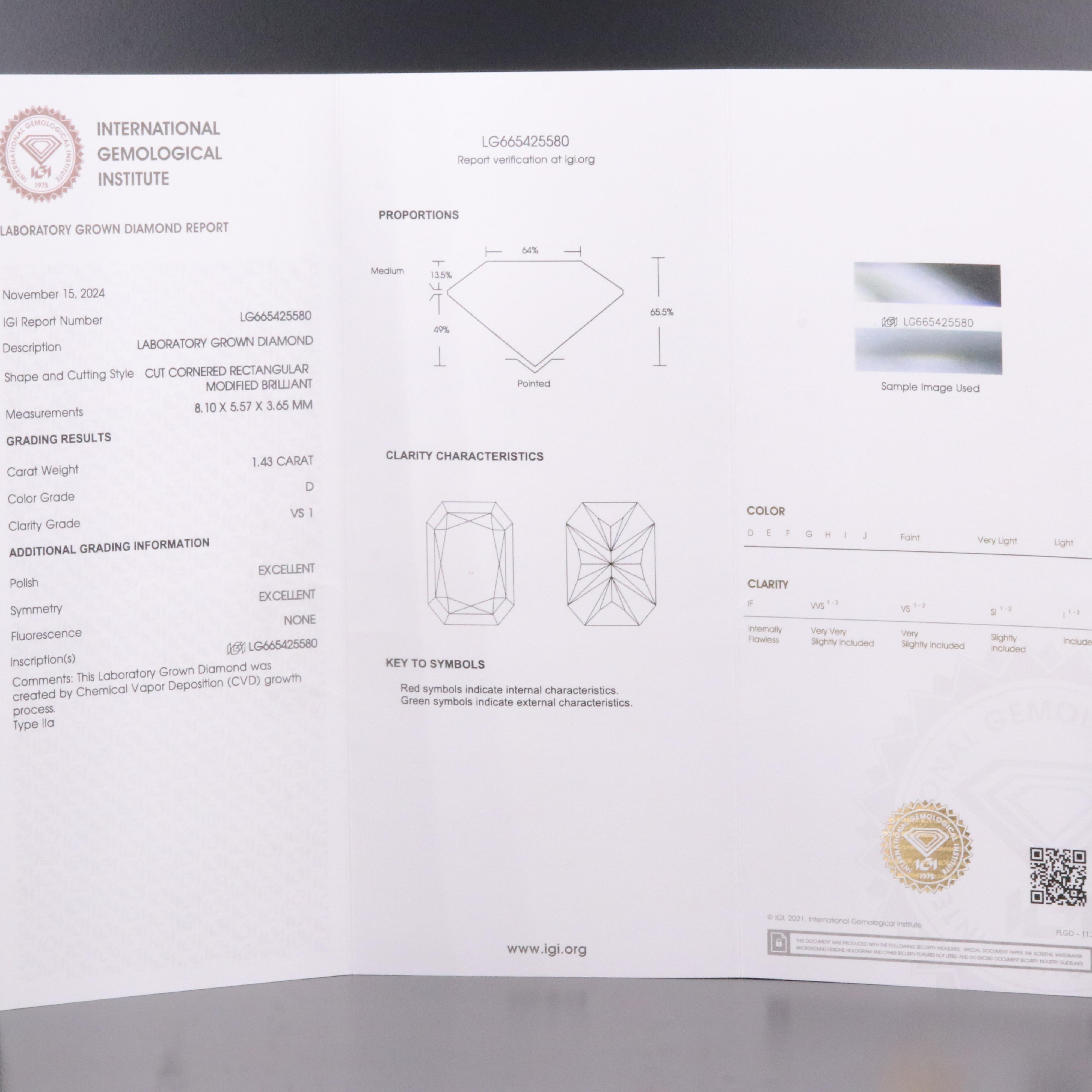 Loose 1.43 CT Lab Grown Diamond with IGI Report
