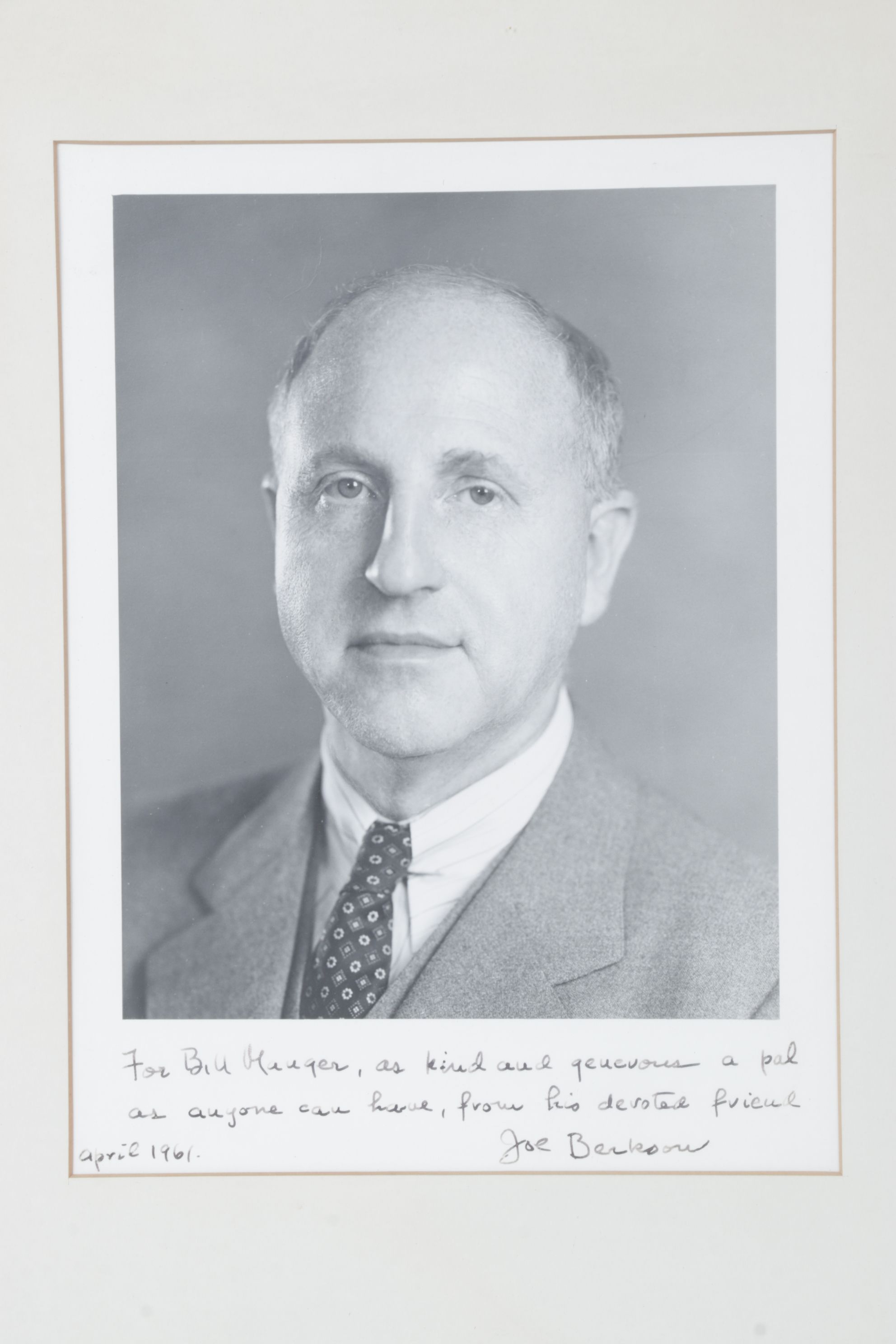 Headshot Photo and Dedication Message of Joe Berkoon, 1961
