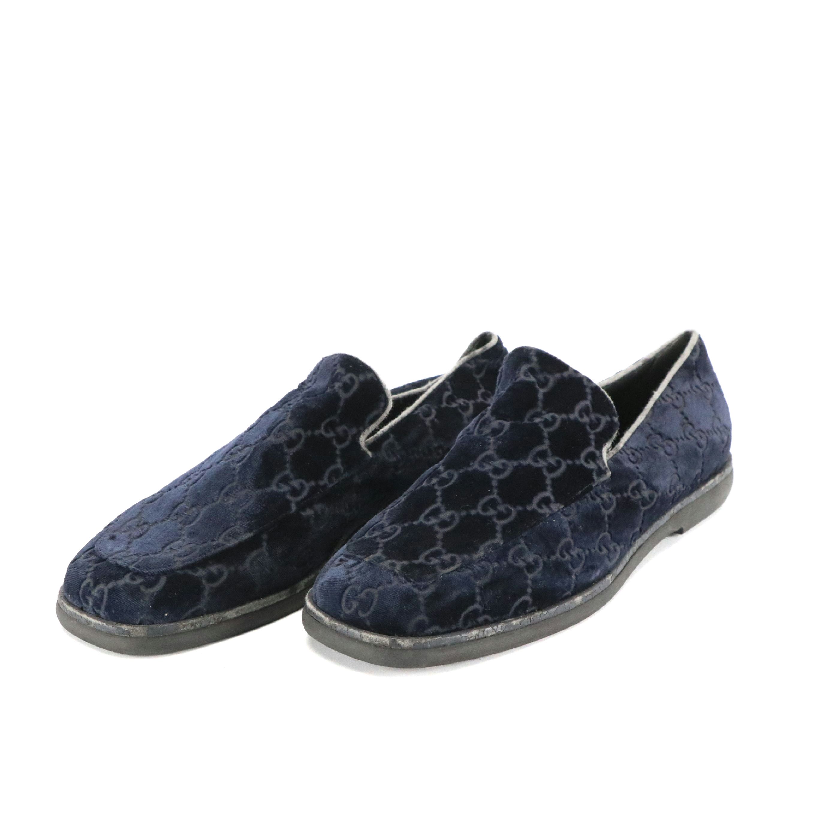 Gucci GG Monogram Blue Velvet Loafers