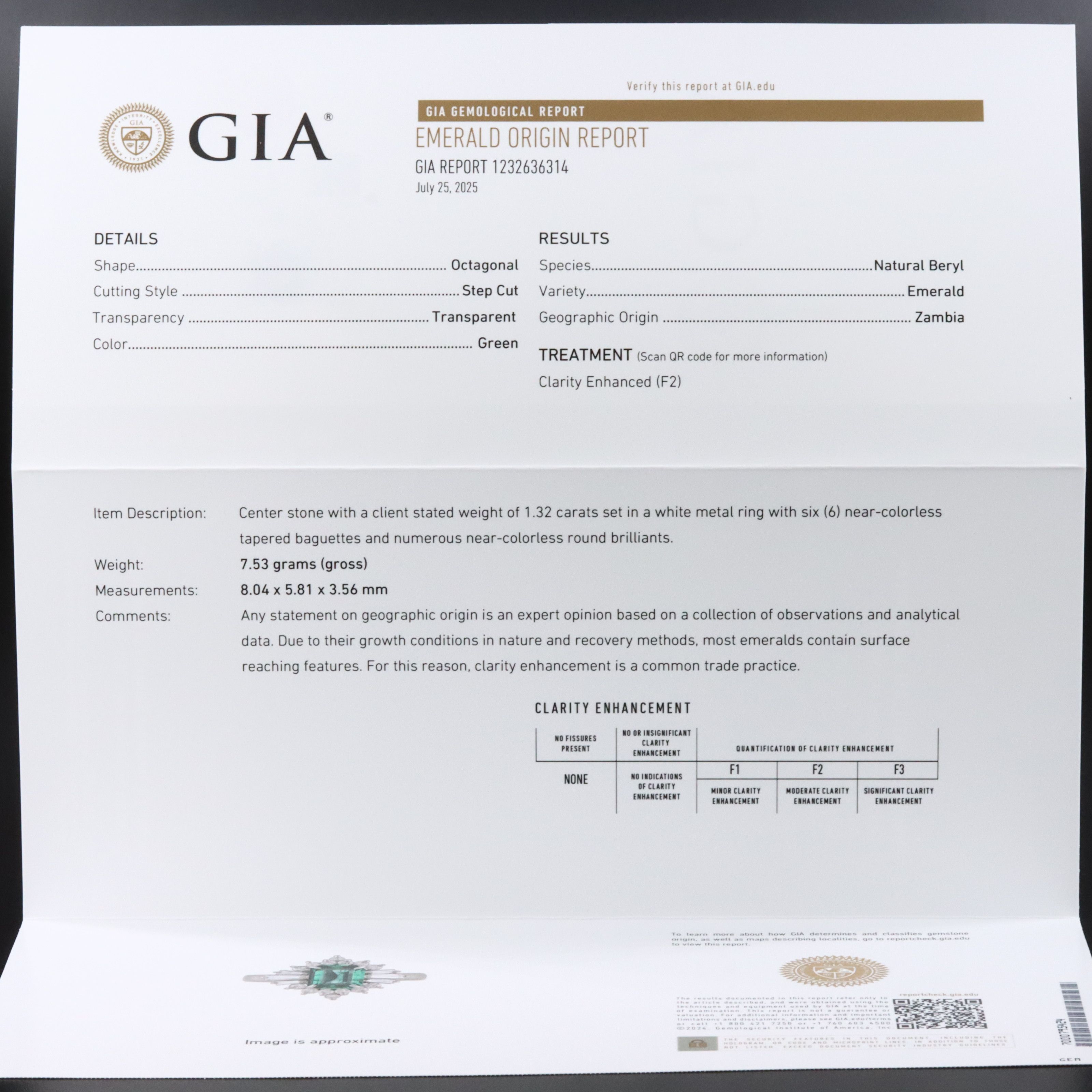 Platinum 1.32 CT Zambian Emerald and Diamond Ring with GIA Report