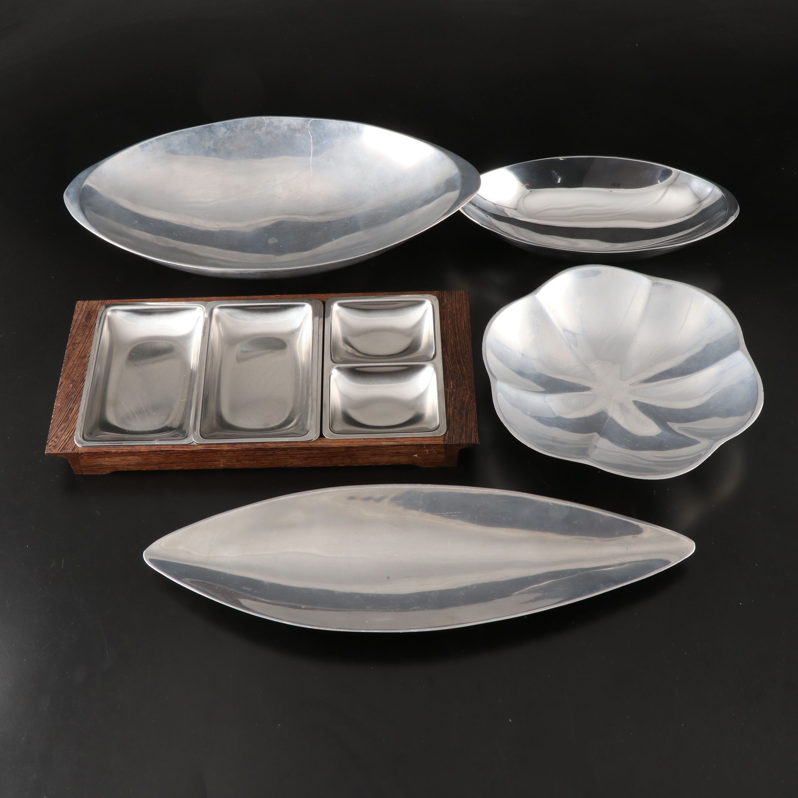 Voss Danish Mid Century Modern Divided Tray with Nambé Metal Bowls
