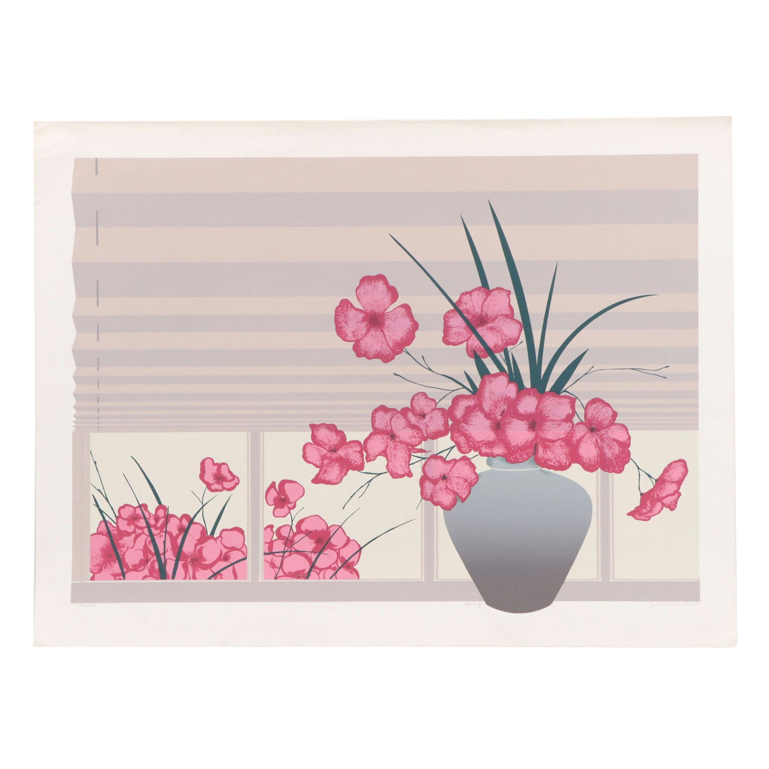 Pink Floral Serigraph "Spring," Late 20th Century
