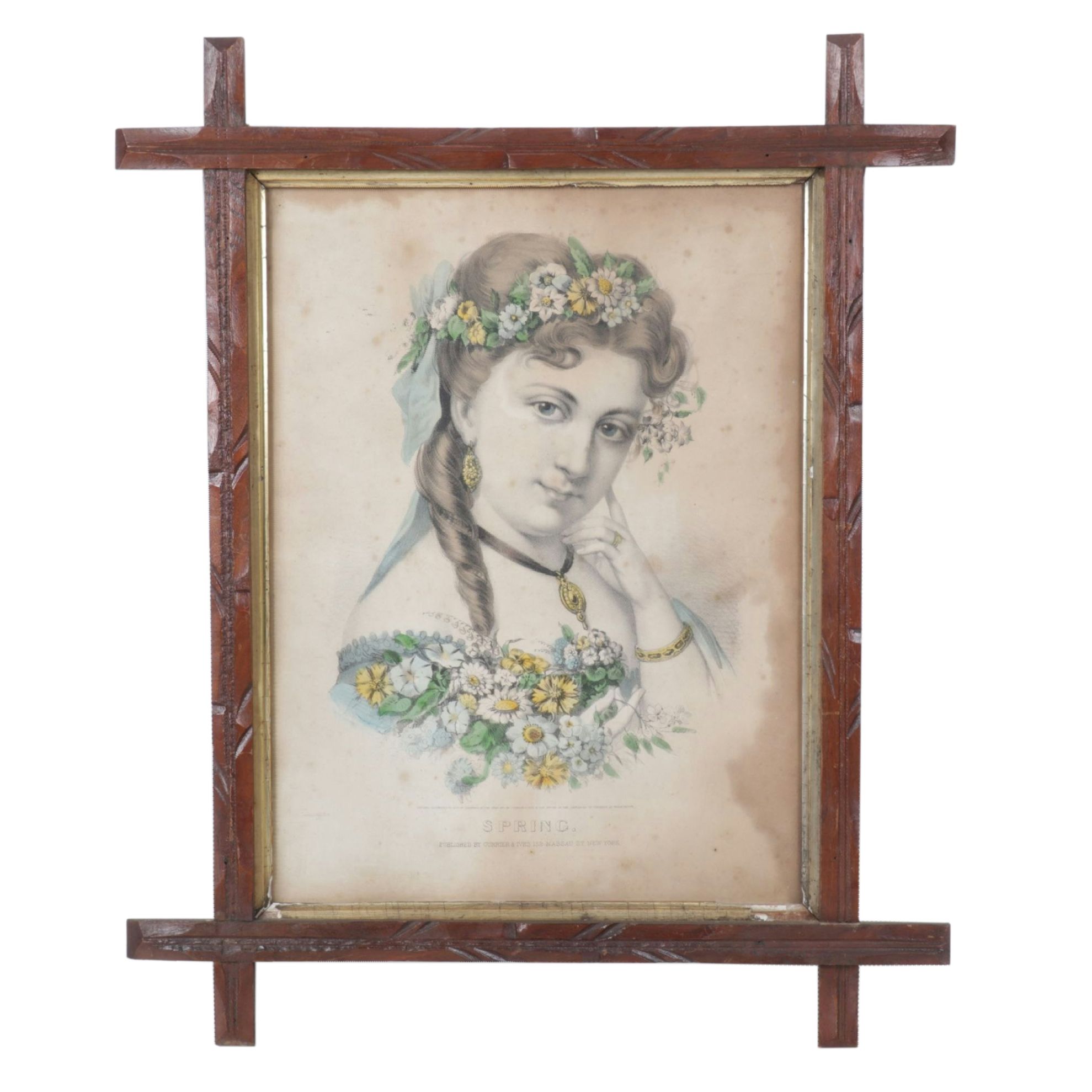 Currier & Ives Hand-Colored Lithograph Portrait "Spring," 1870