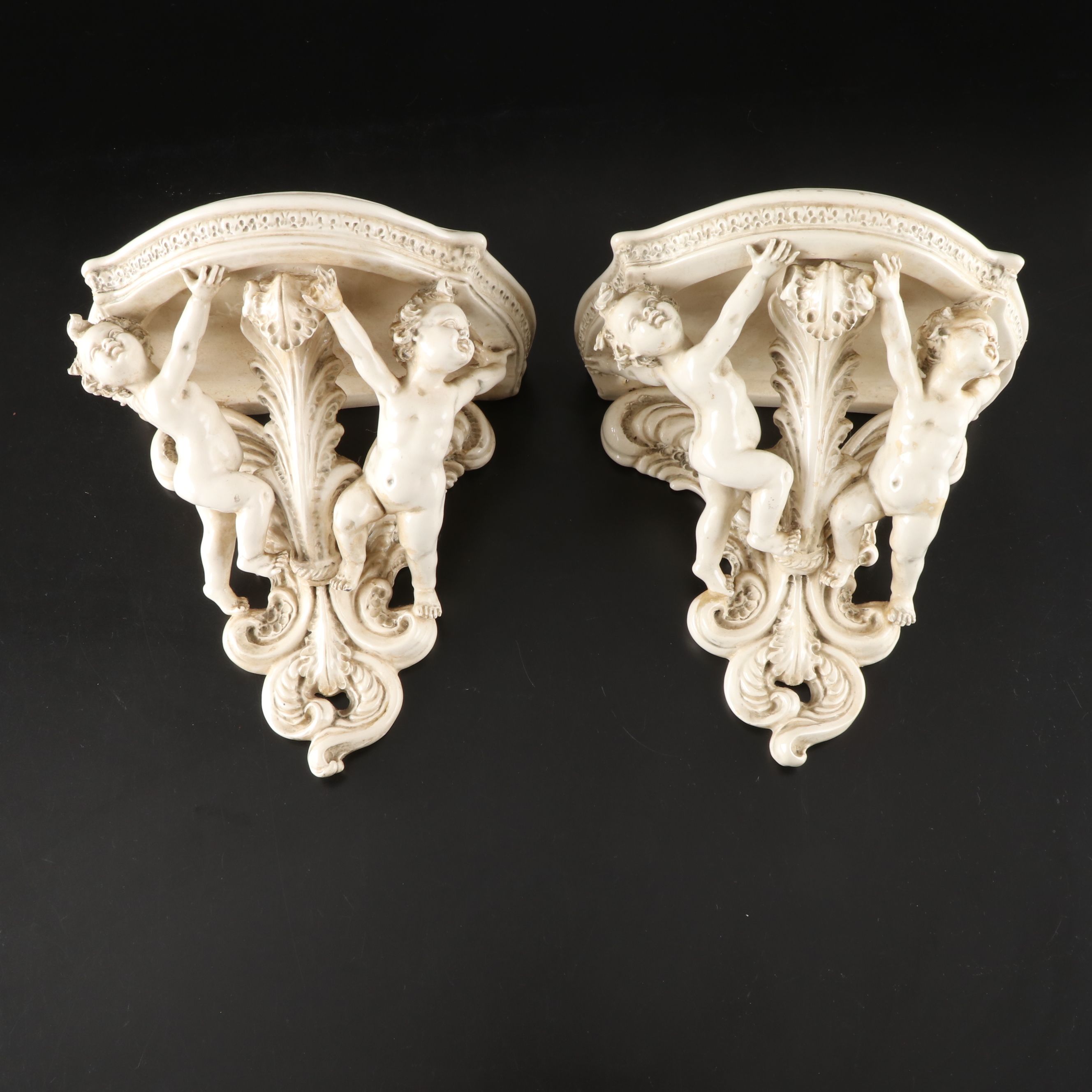 Capodimonte Porcelain Putti Wall Corbel Pair