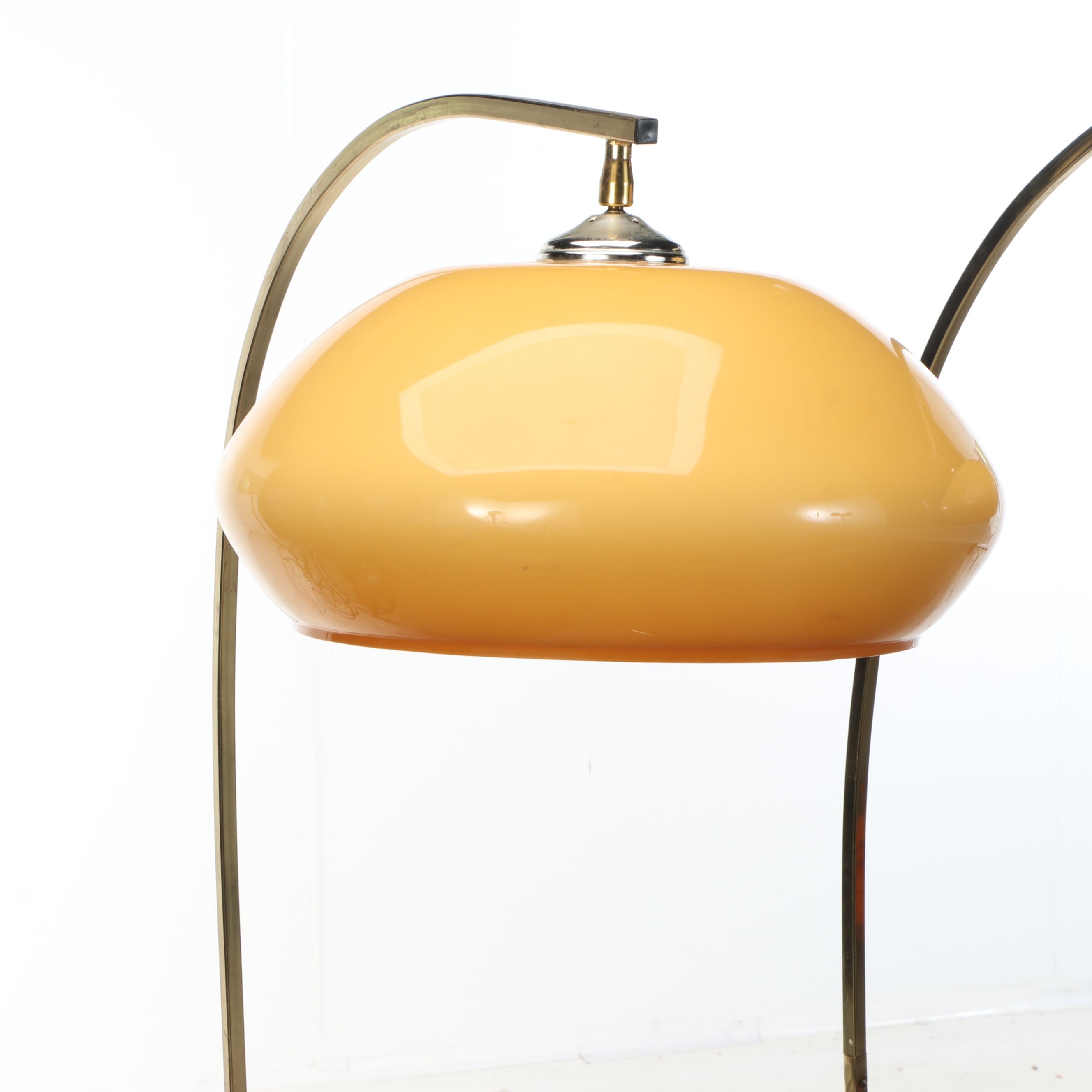 Mid Century Modern Brass Arc Floor Lamps with Horseshoe Feet and Acrylic Shades