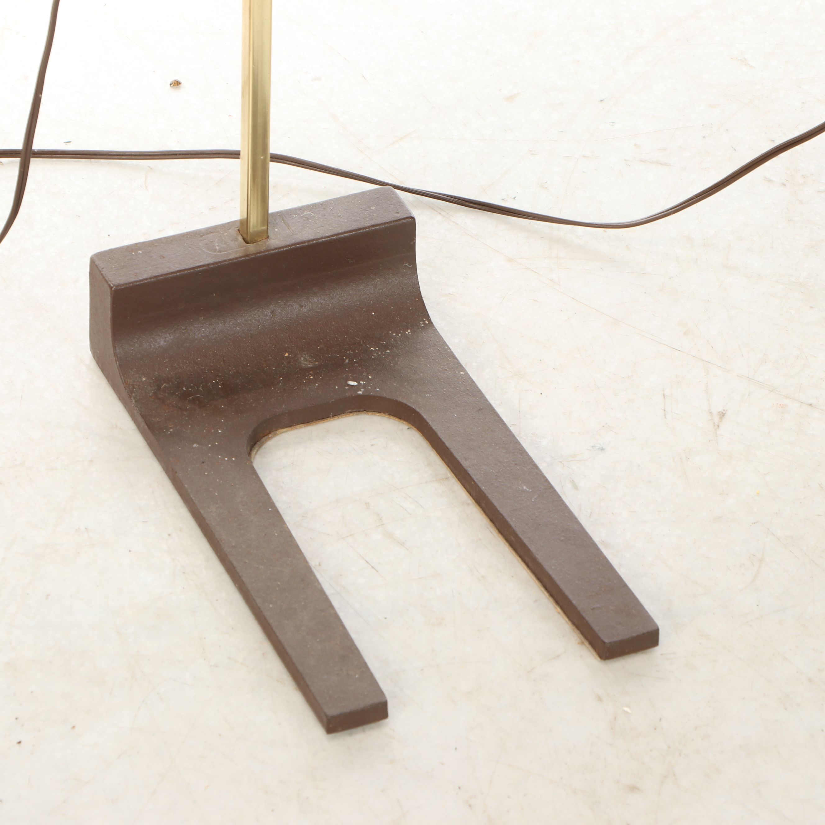 Mid Century Modern Brass Arc Floor Lamps with Horseshoe Feet and Acrylic Shades