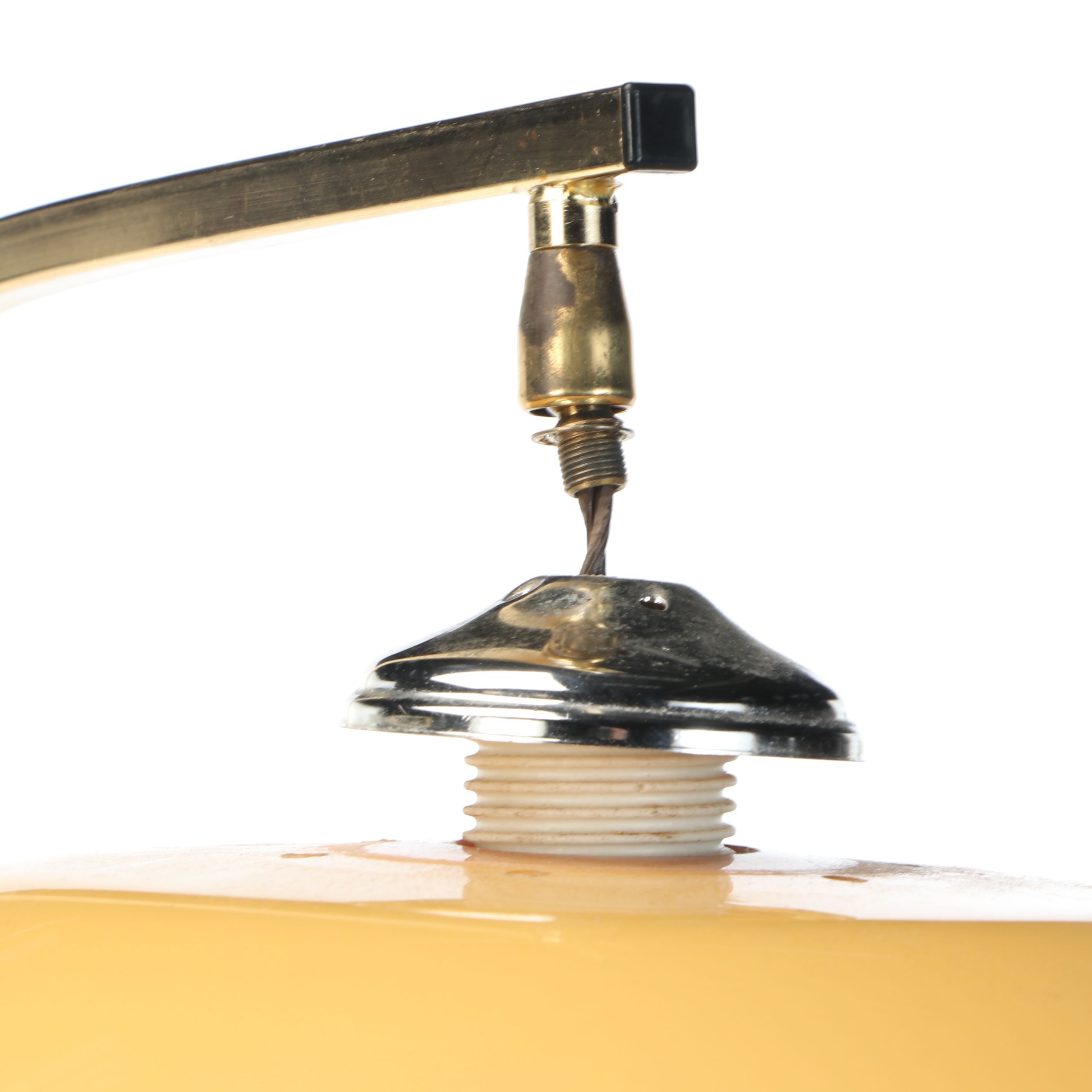 Mid Century Modern Brass Arc Floor Lamps with Horseshoe Feet and Acrylic Shades