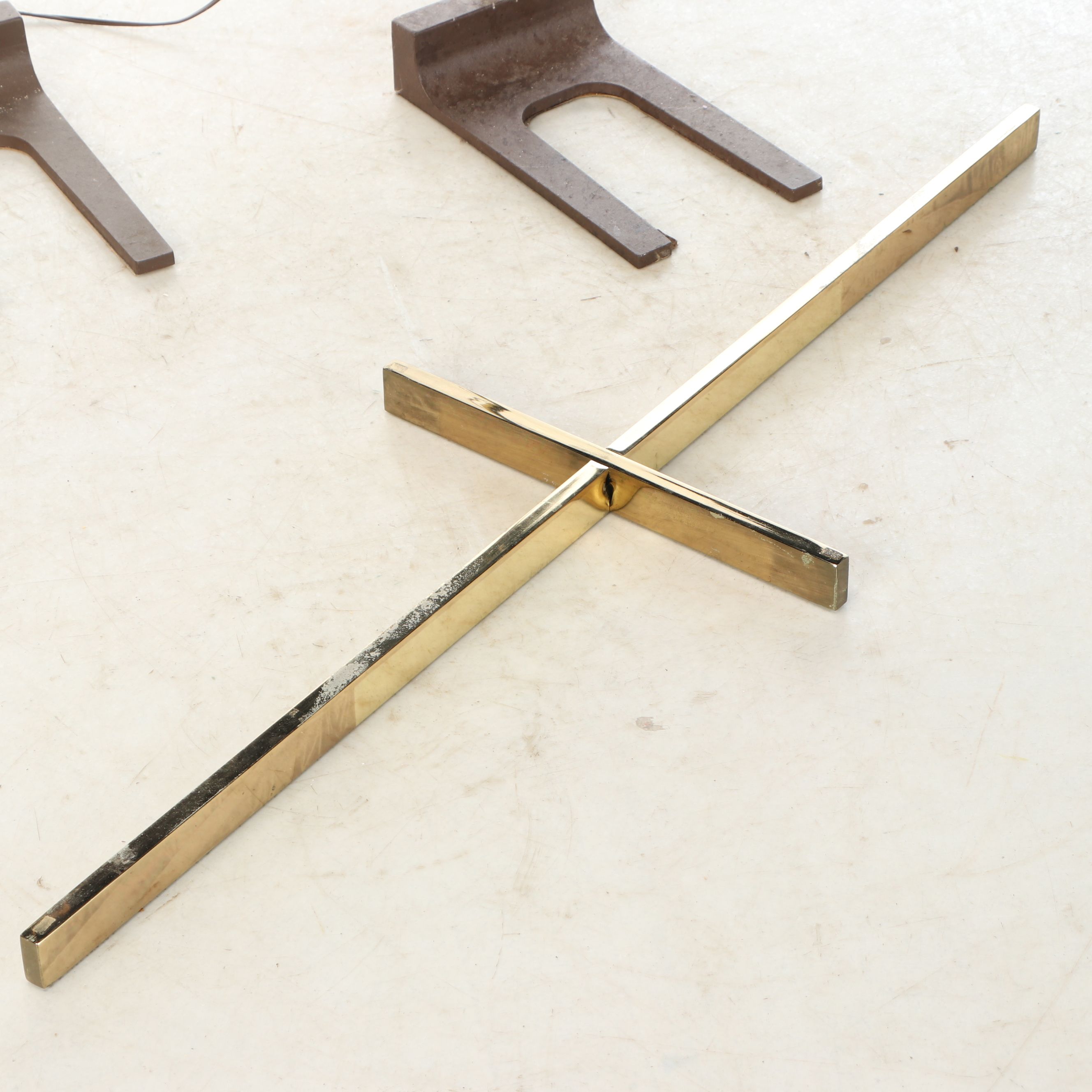 Mid Century Modern Brass Arc Floor Lamps with Horseshoe Feet and Acrylic Shades