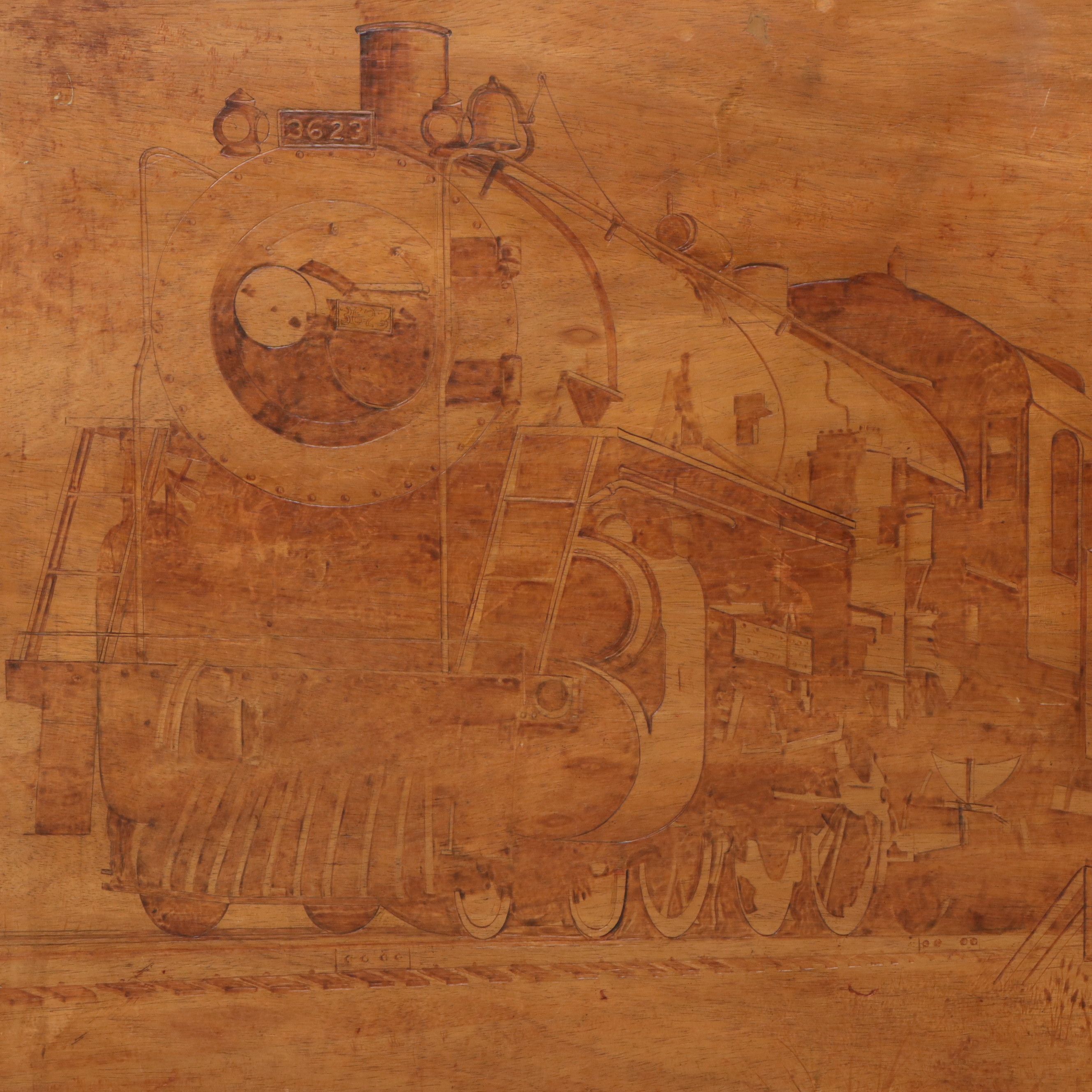 H. W. Vanderwall Folk Carved Art Wood Panel of Steam Engine, Circa 1957