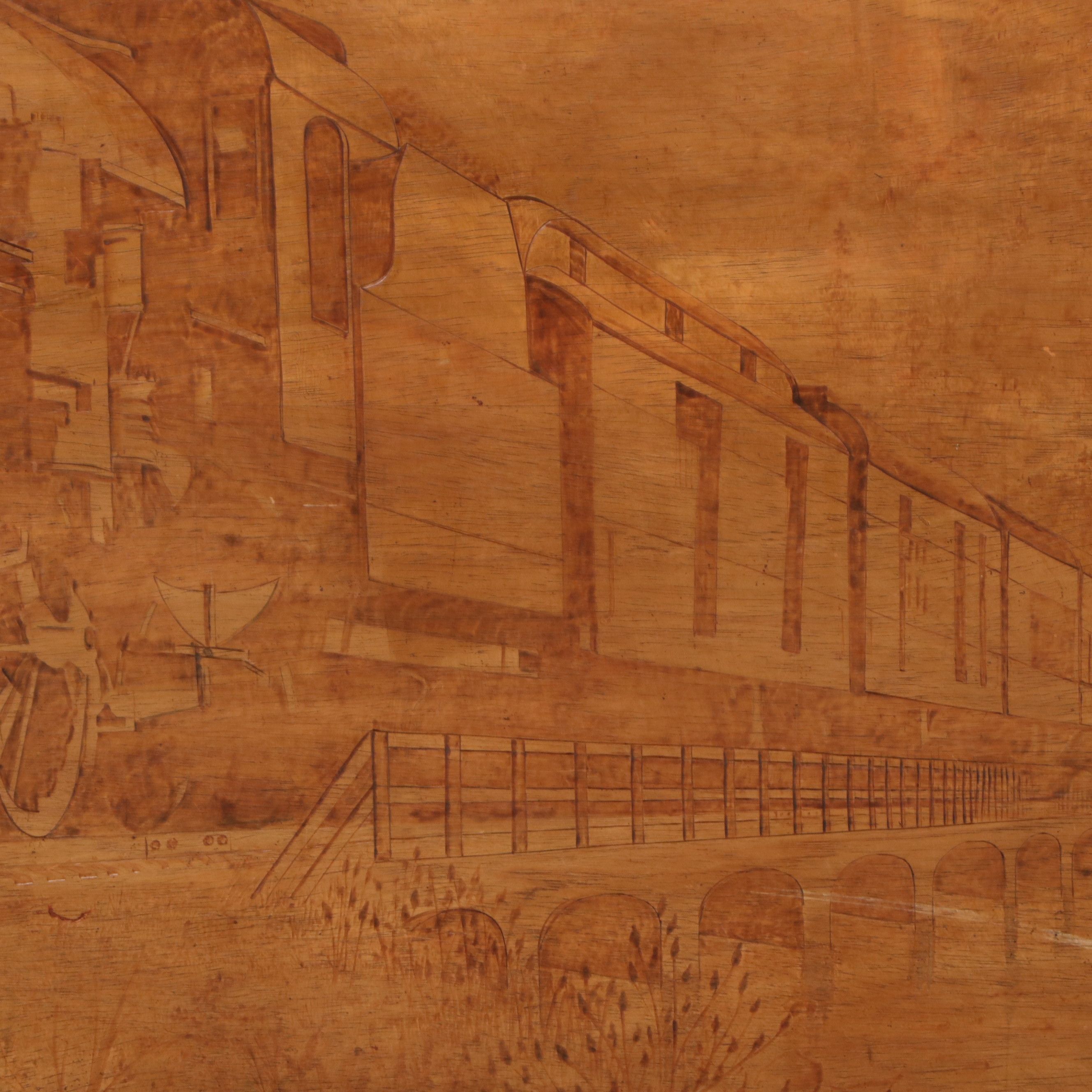 H. W. Vanderwall Folk Carved Art Wood Panel of Steam Engine, Circa 1957