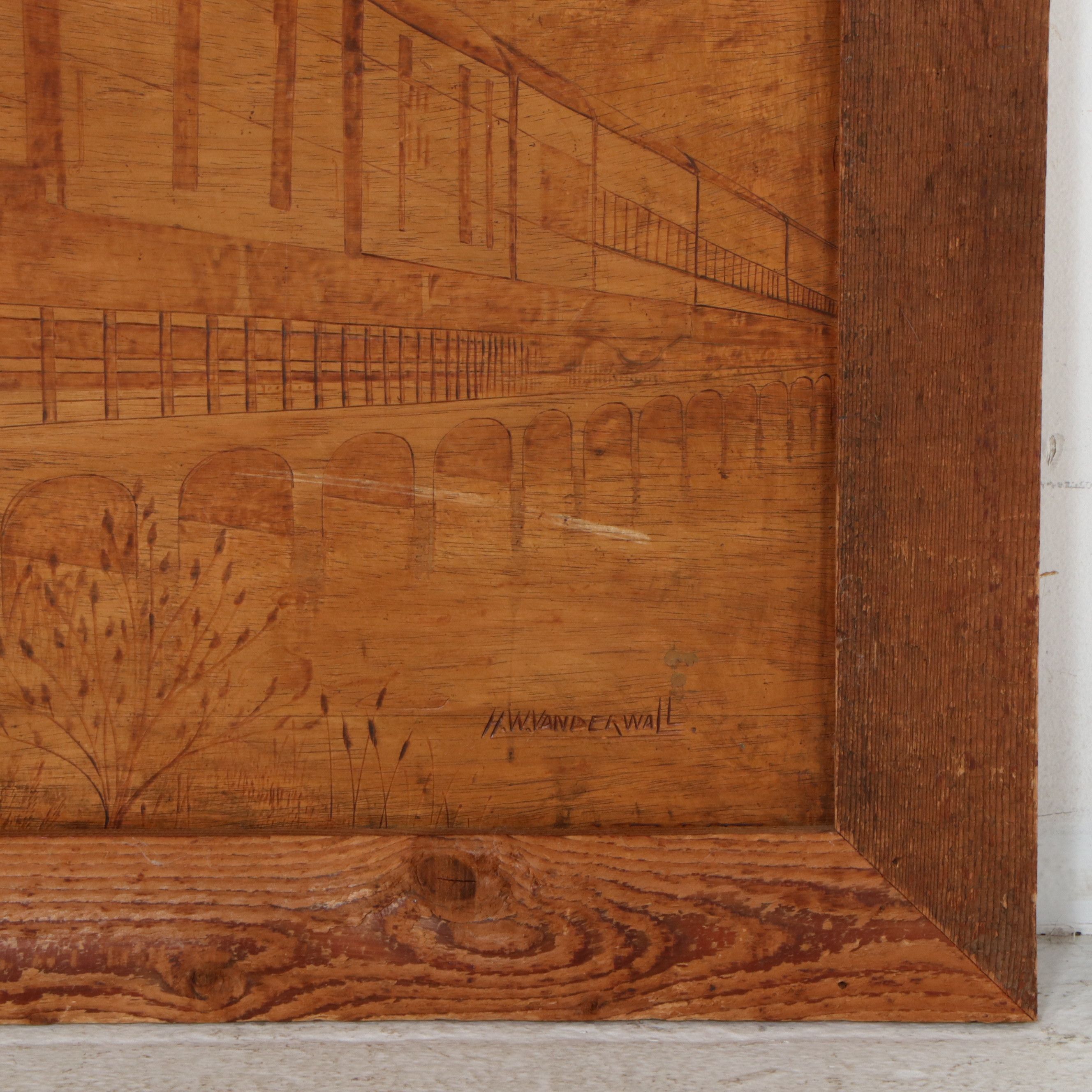 H. W. Vanderwall Folk Carved Art Wood Panel of Steam Engine, Circa 1957