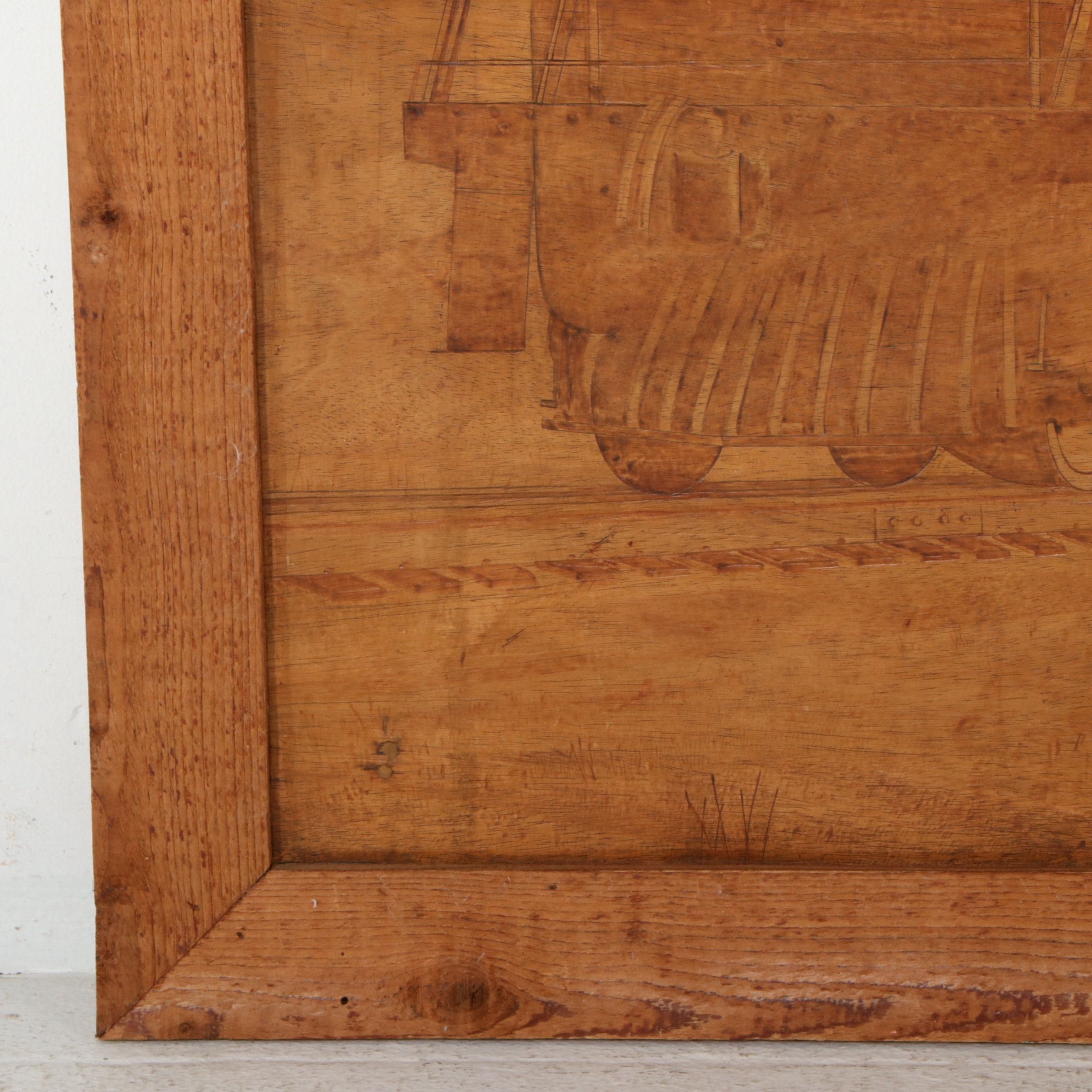 H. W. Vanderwall Folk Carved Art Wood Panel of Steam Engine, Circa 1957